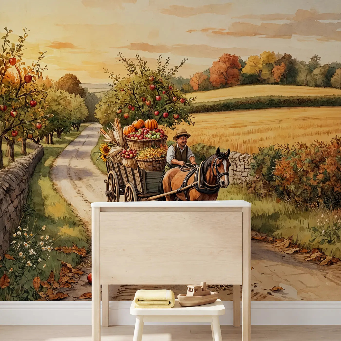 Harvest Cart Country Lane Wallpaper Mural in playroom setting by Whimsy Tots