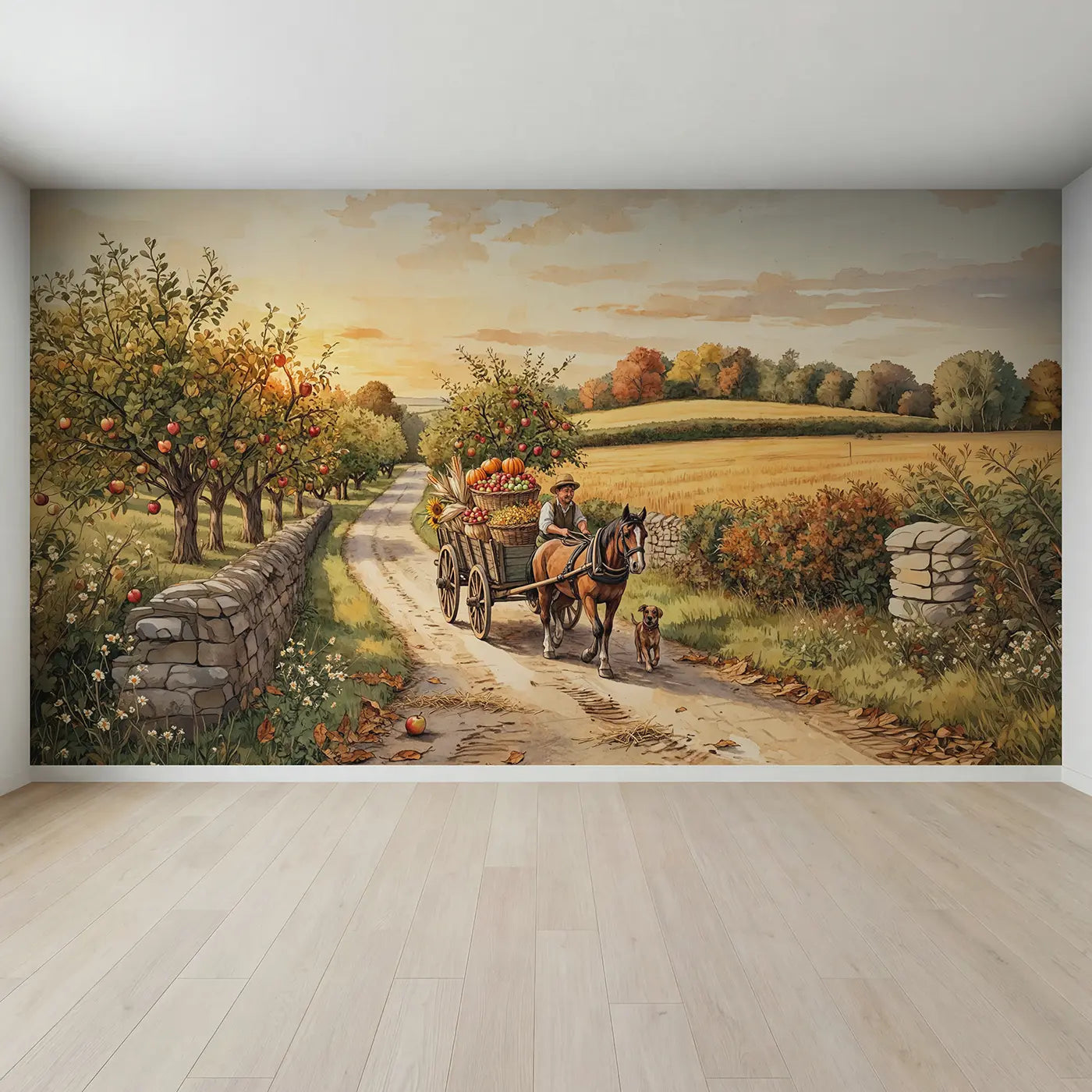 Full view of Harvest Cart Country Lane Wallpaper Mural by Whimsy Tots