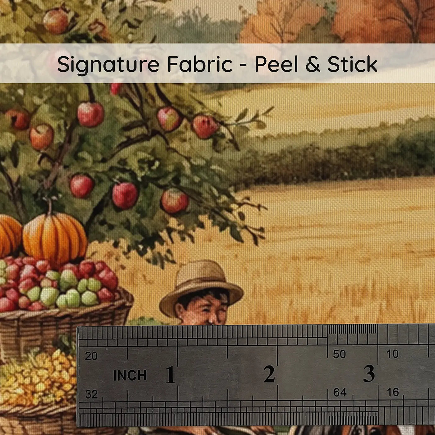 Fabric texture close-up of Harvest Cart Country Lane Wallpaper Mural by Whimsy Tots