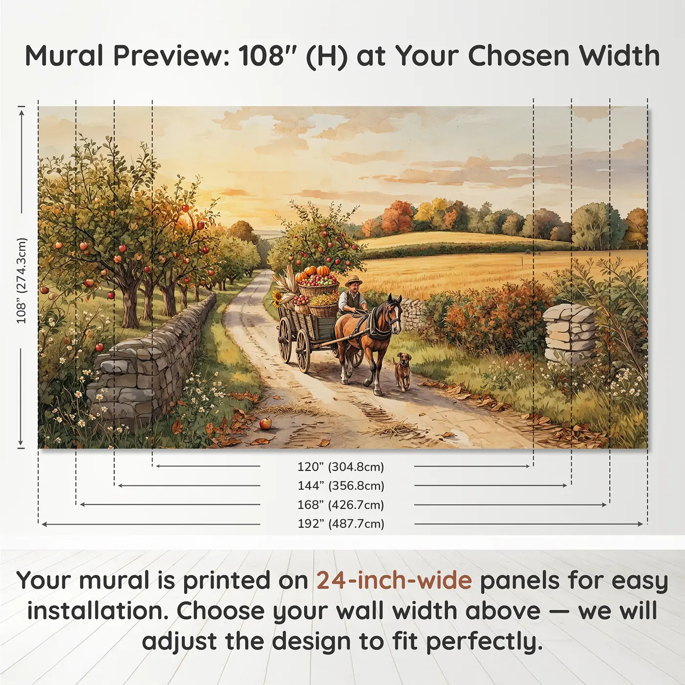 Panel layout and dimensions for Harvest Cart Country Lane Wallpaper Mural by Whimsy Tots