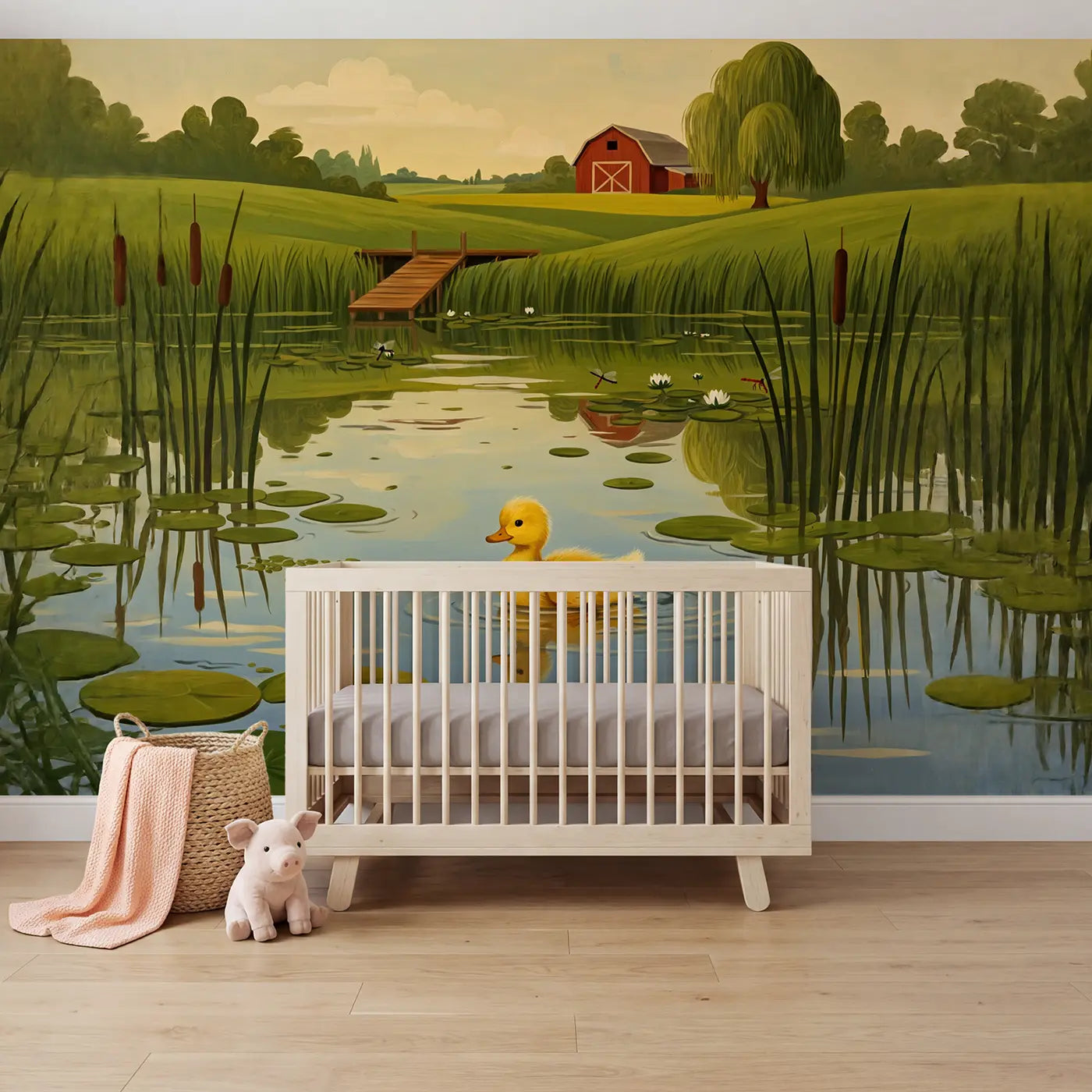 Modern illustration duckling farm pond first swim wallpaper mural for girls room by Whimsy Tots