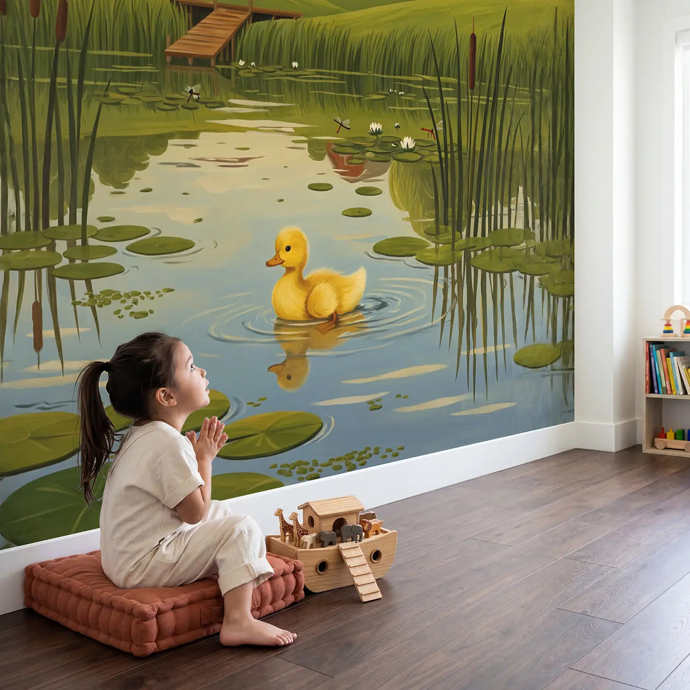 Child in nursery with Duckling First Swim Farm Pond Wallpaper Mural by Whimsy Tots