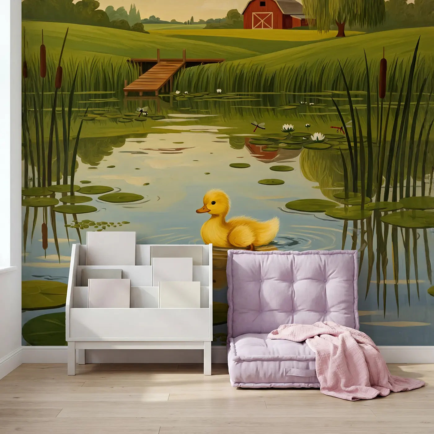 Duckling First Swim Farm Pond Wallpaper Mural in playroom setting by Whimsy Tots