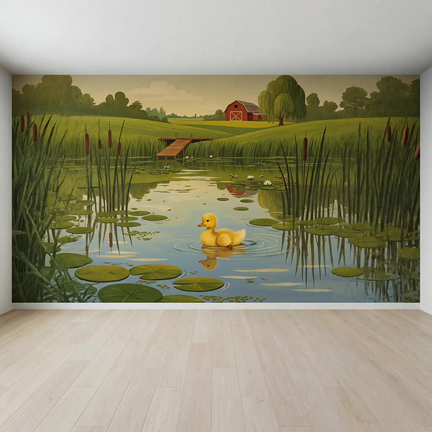 Full view of Duckling First Swim Farm Pond Wallpaper Mural by Whimsy Tots