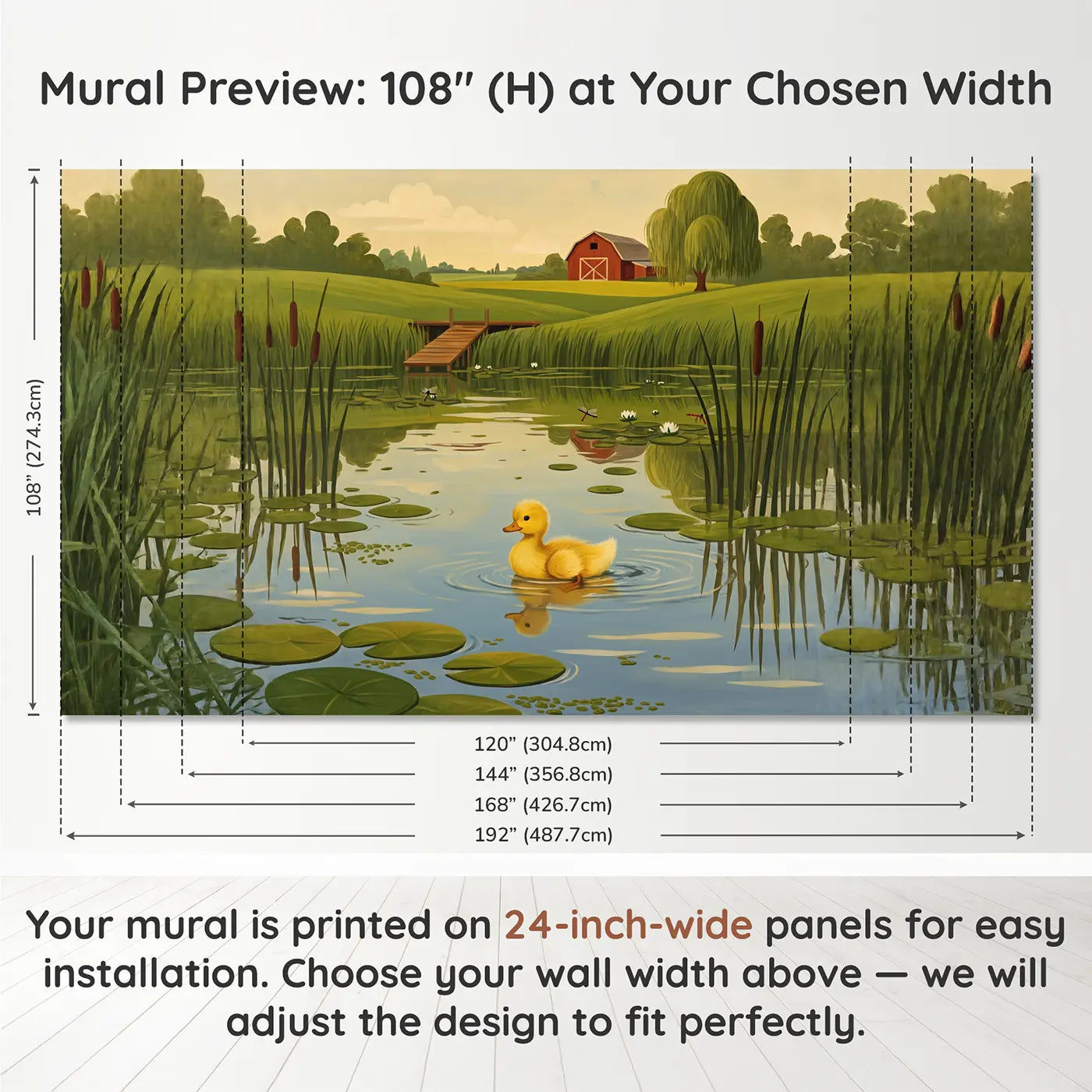 Panel layout and dimensions for Duckling First Swim Farm Pond Wallpaper Mural by Whimsy Tots