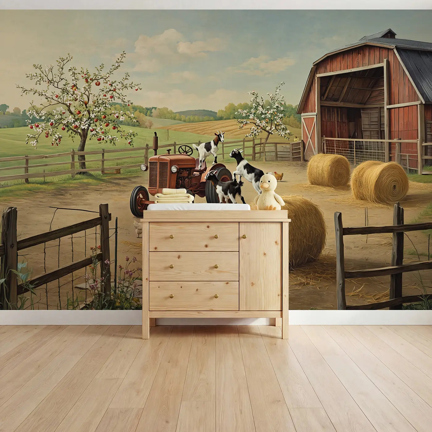 Botanical elegance baby goats in barnyard wallpaper mural for nursery by Whimsy Tots