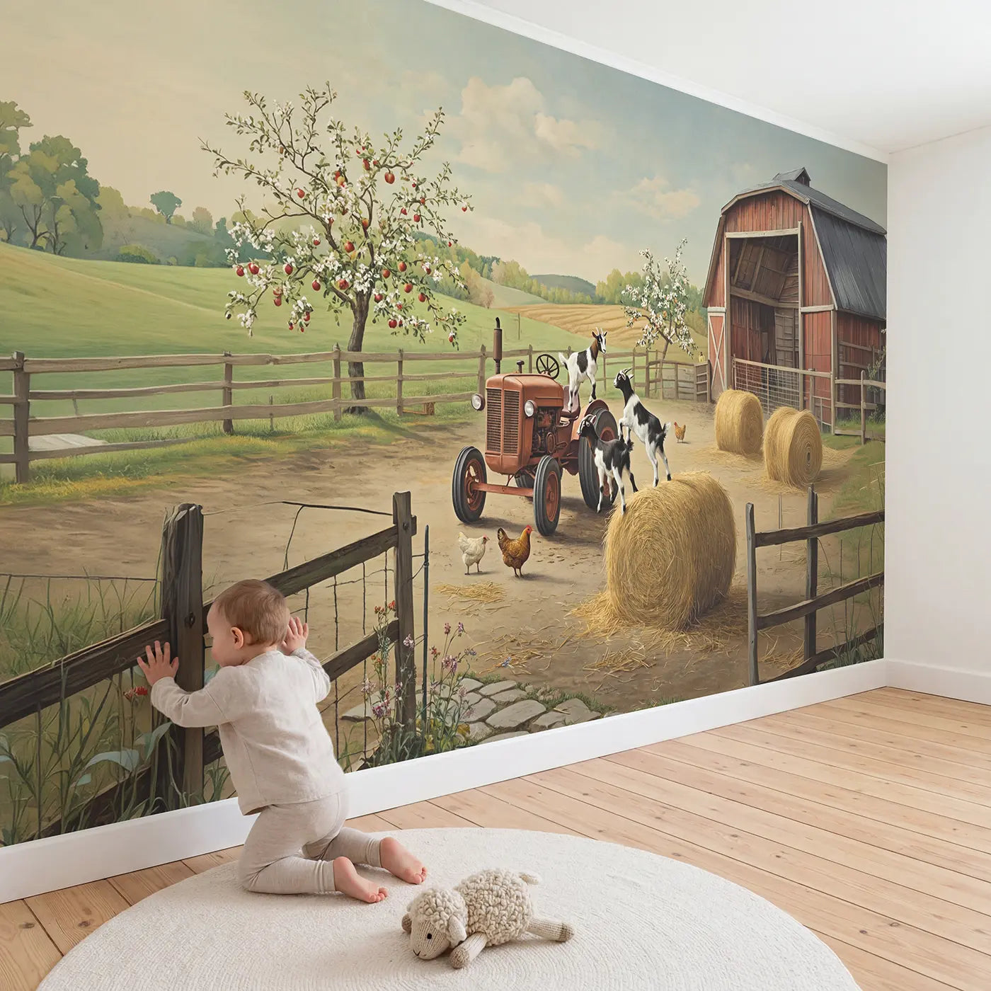 Child in nursery with Barnyard Goat Playground Wallpaper Mural by Whimsy Tots