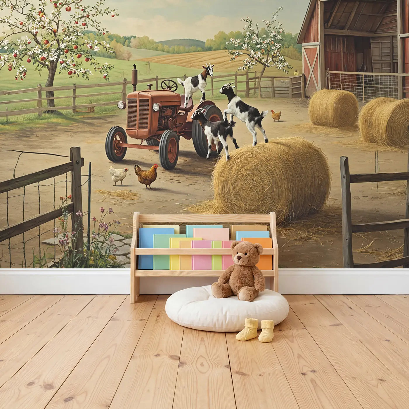 Barnyard Goat Playground Wallpaper Mural in playroom setting by Whimsy Tots