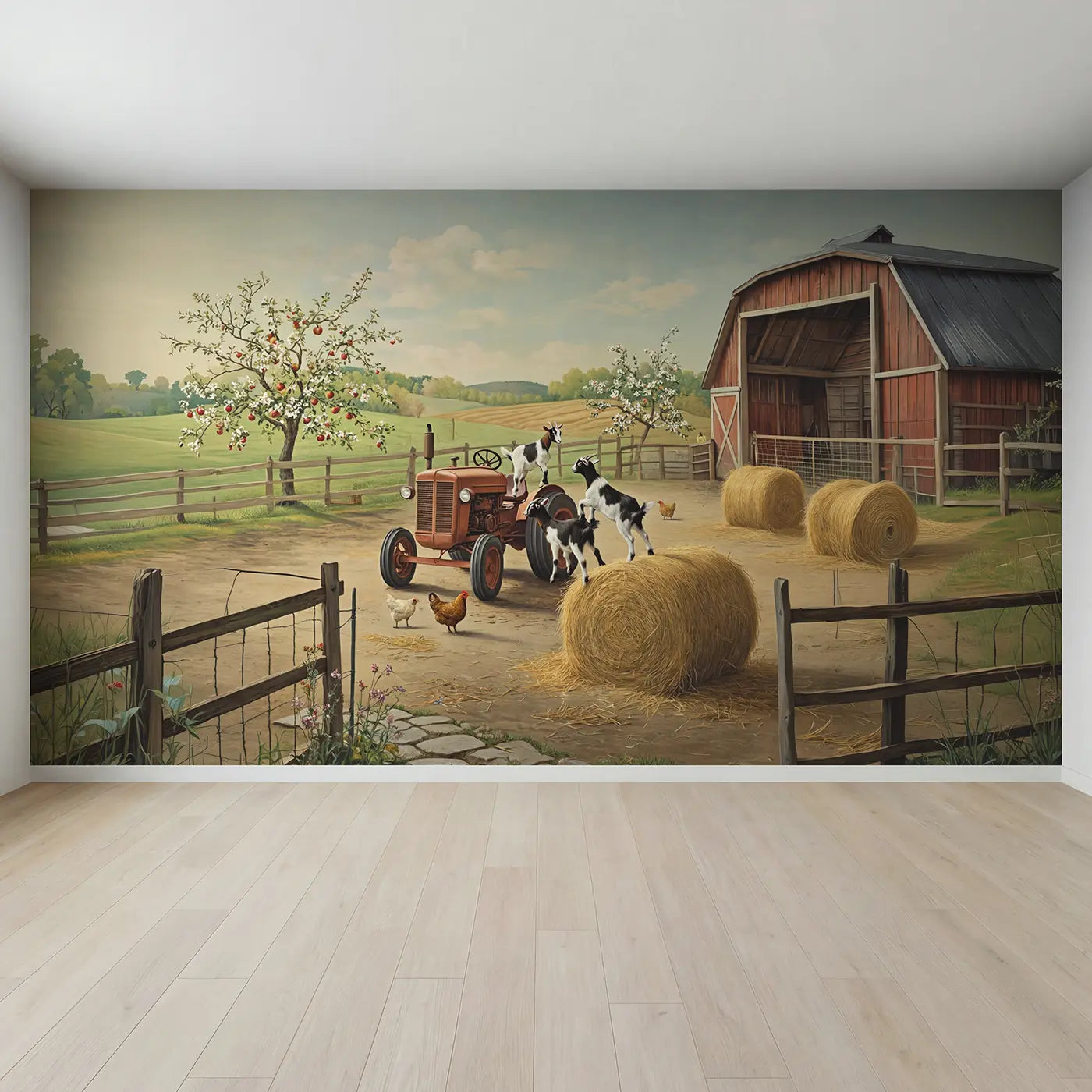 Full view of Barnyard Goat Playground Wallpaper Mural by Whimsy Tots