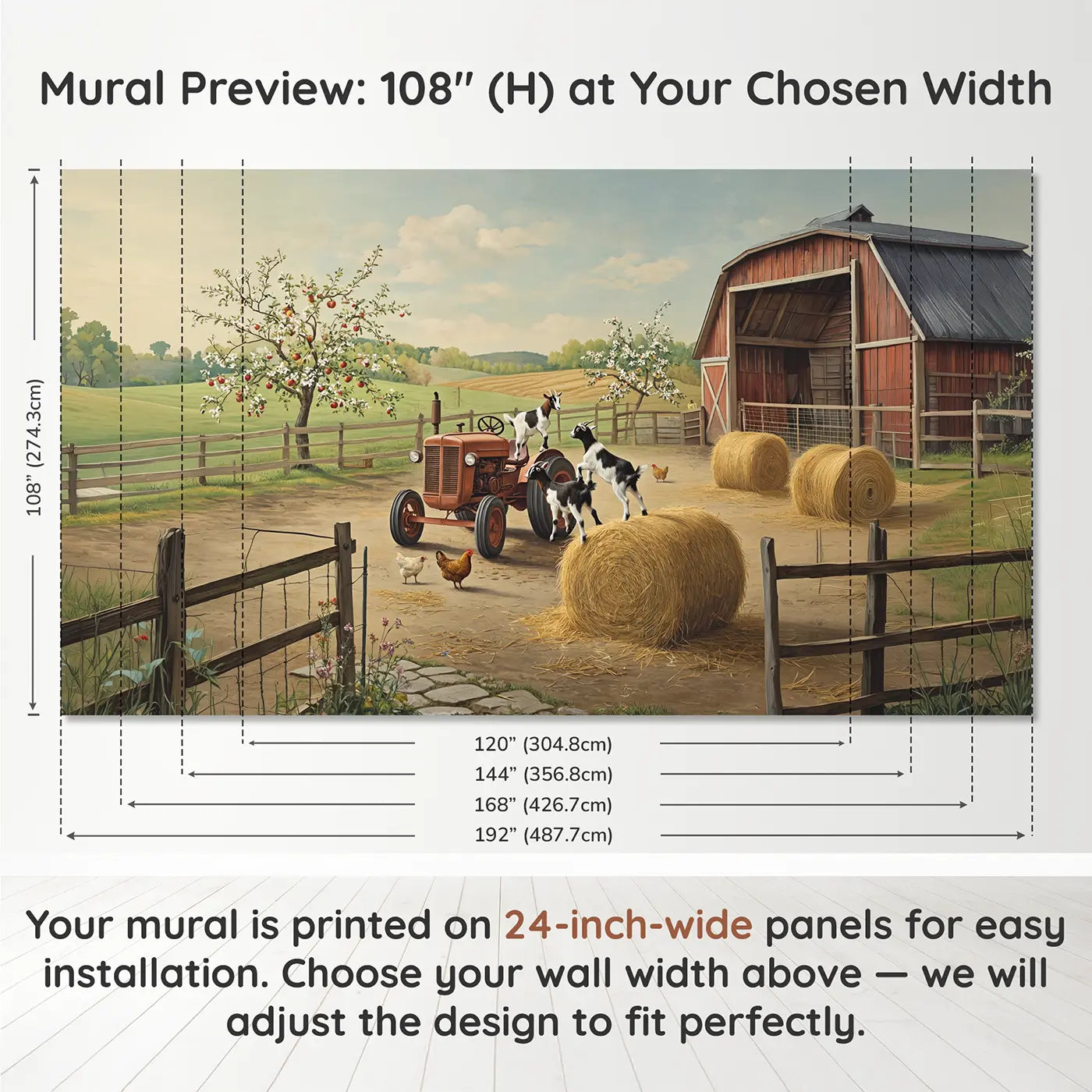 Panel layout and dimensions for Barnyard Goat Playground Wallpaper Mural by Whimsy Tots
