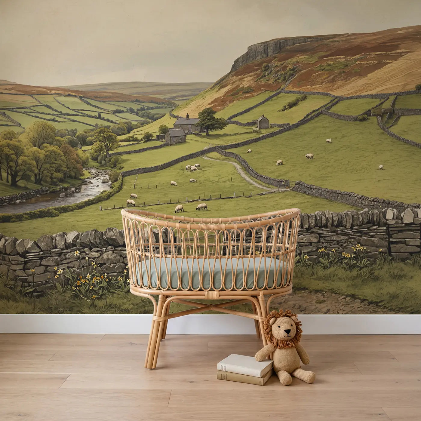 Storybook hill countryside wallpaper mural for nursery by Whimsy Tots