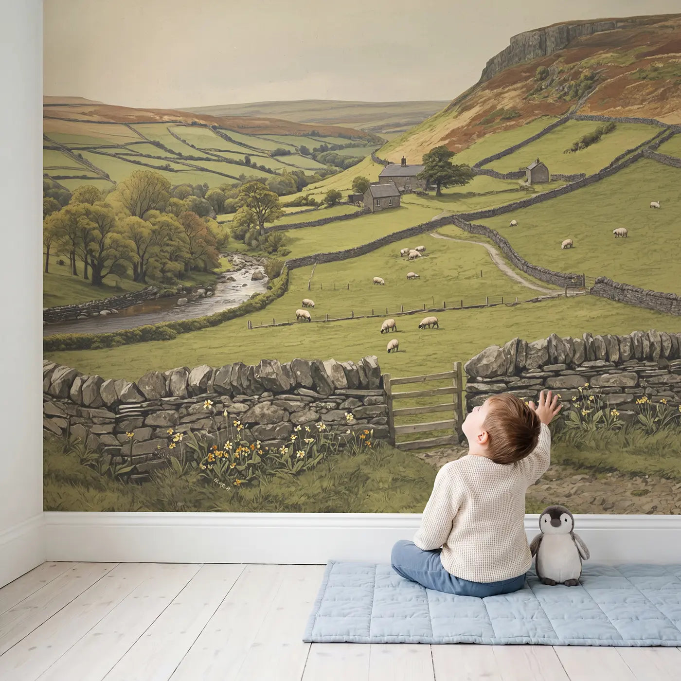 Child in nursery with Yorkshire Stone Wall Fields Wallpaper Mural by Whimsy Tots