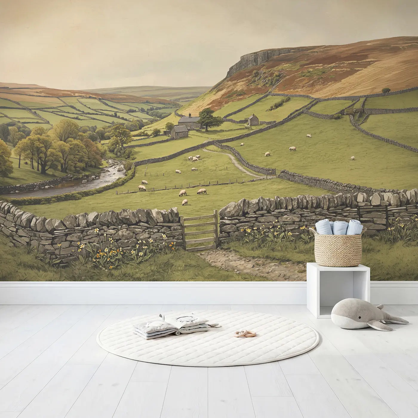 Yorkshire Stone Wall Fields Wallpaper Mural in playroom setting by Whimsy Tots