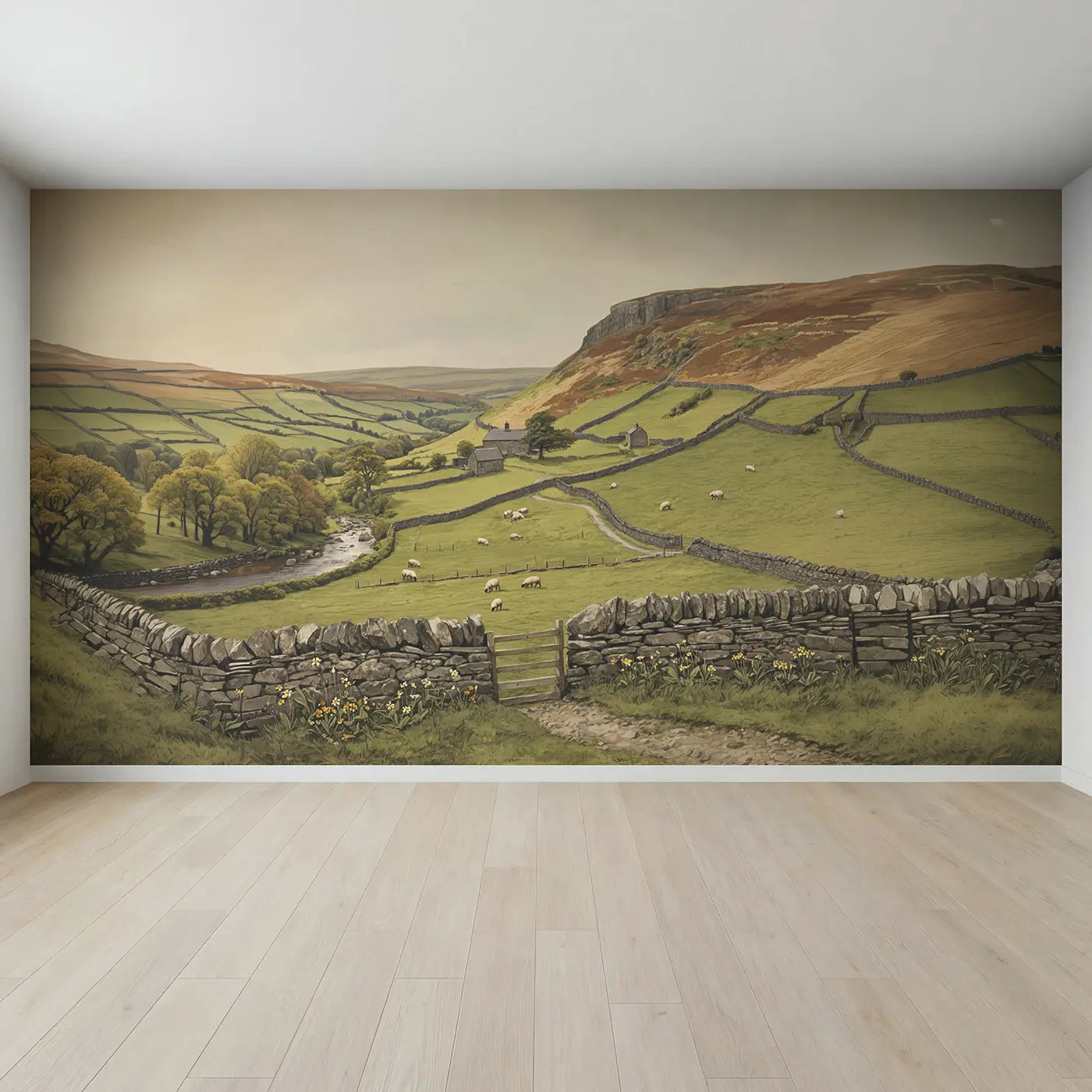 Full view of Yorkshire Stone Wall Fields Wallpaper Mural by Whimsy Tots
