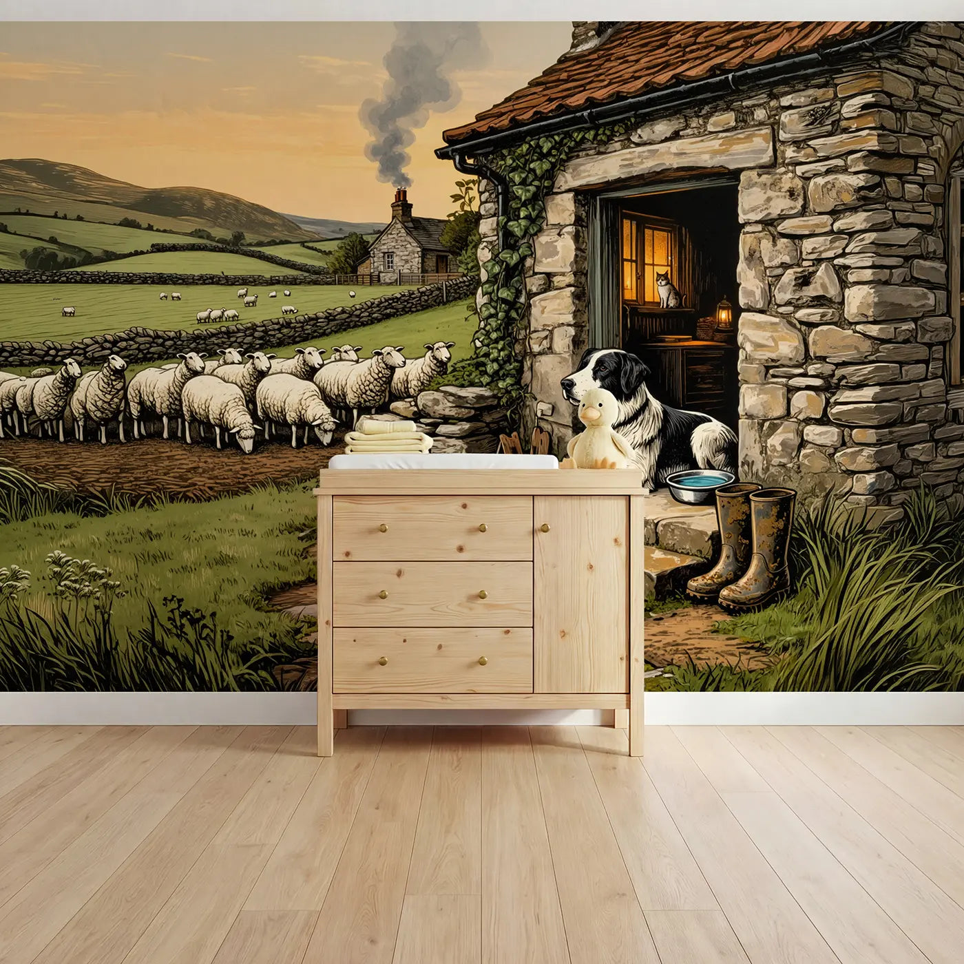 Block print sheepdog farm barn doorway wallpaper mural for kids room by Whimsy Tots