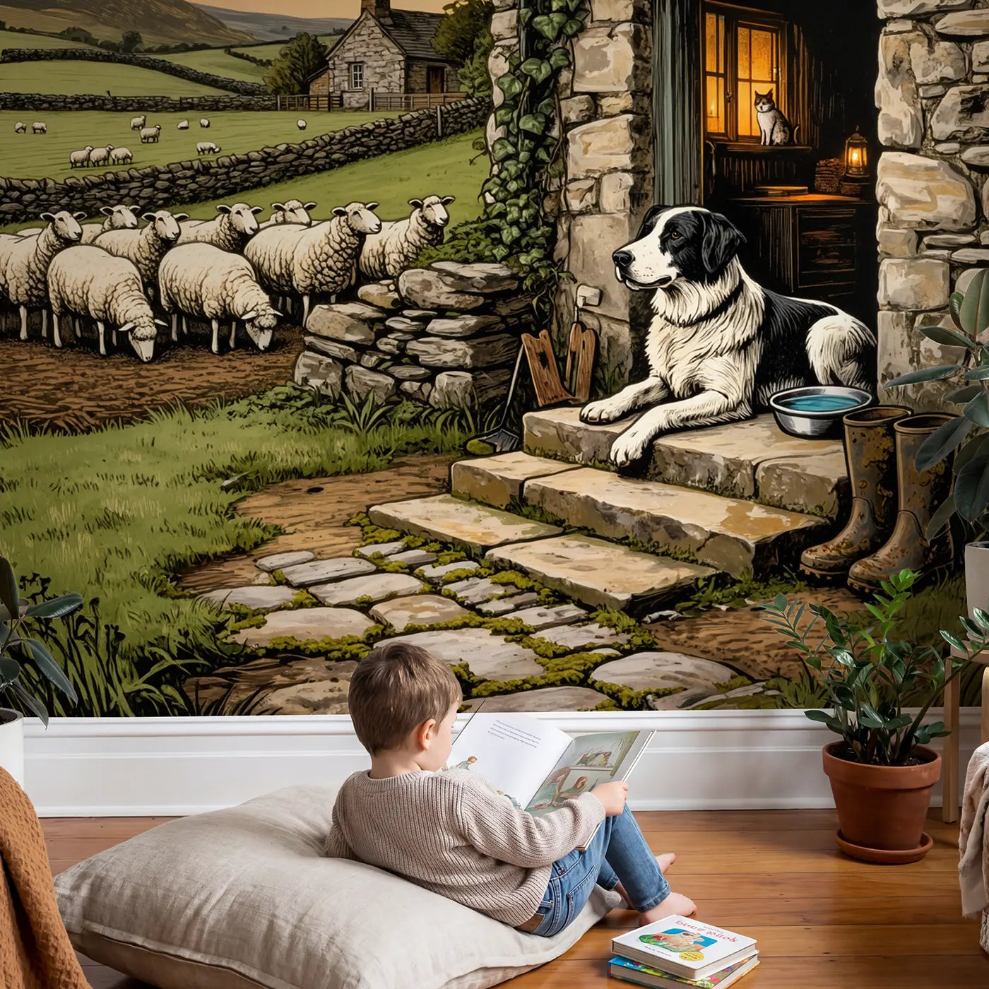 Child in nursery with Faithful Sheepdog Farm Doorway Wallpaper Mural by Whimsy Tots