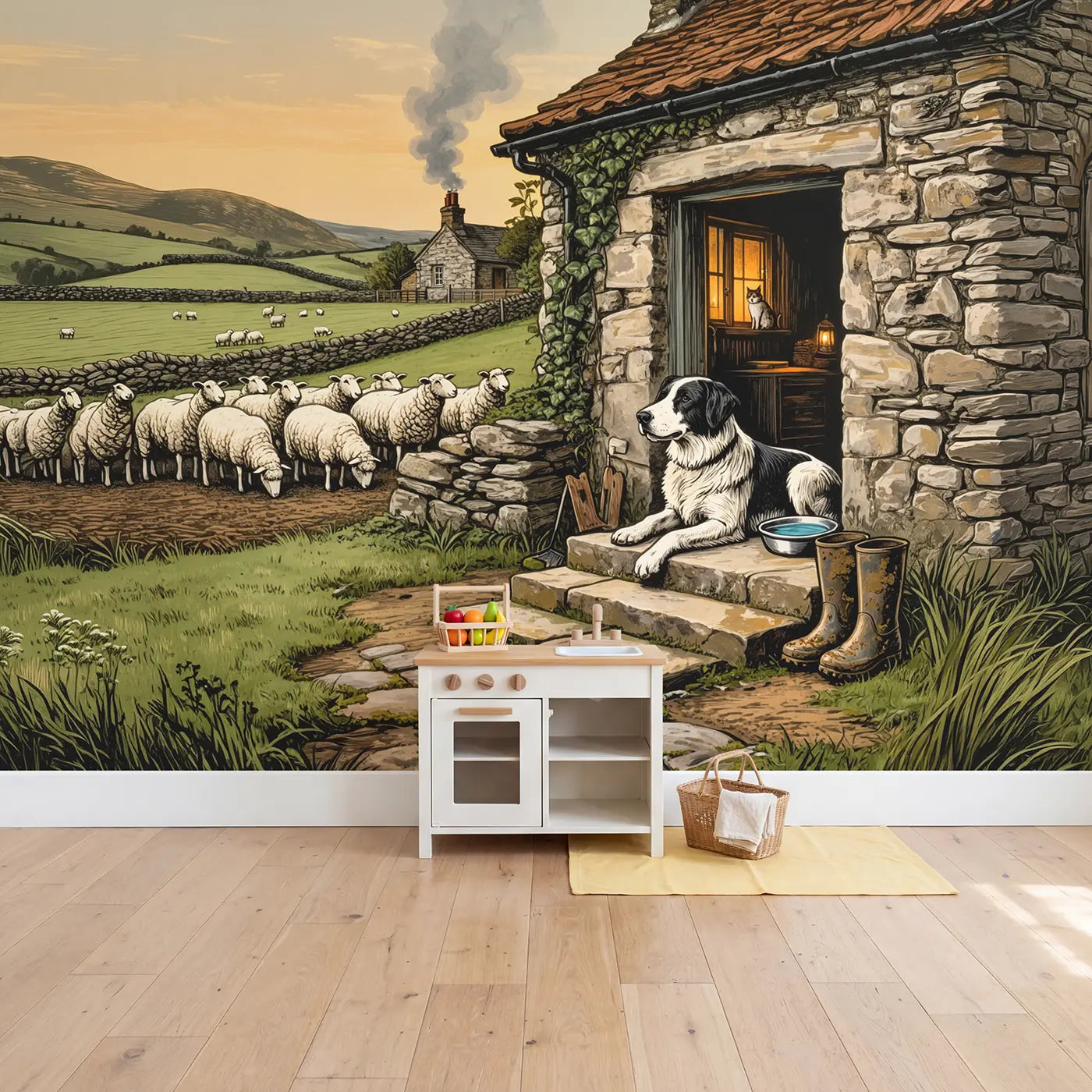 Faithful Sheepdog Farm Doorway Wallpaper Mural in playroom setting by Whimsy Tots