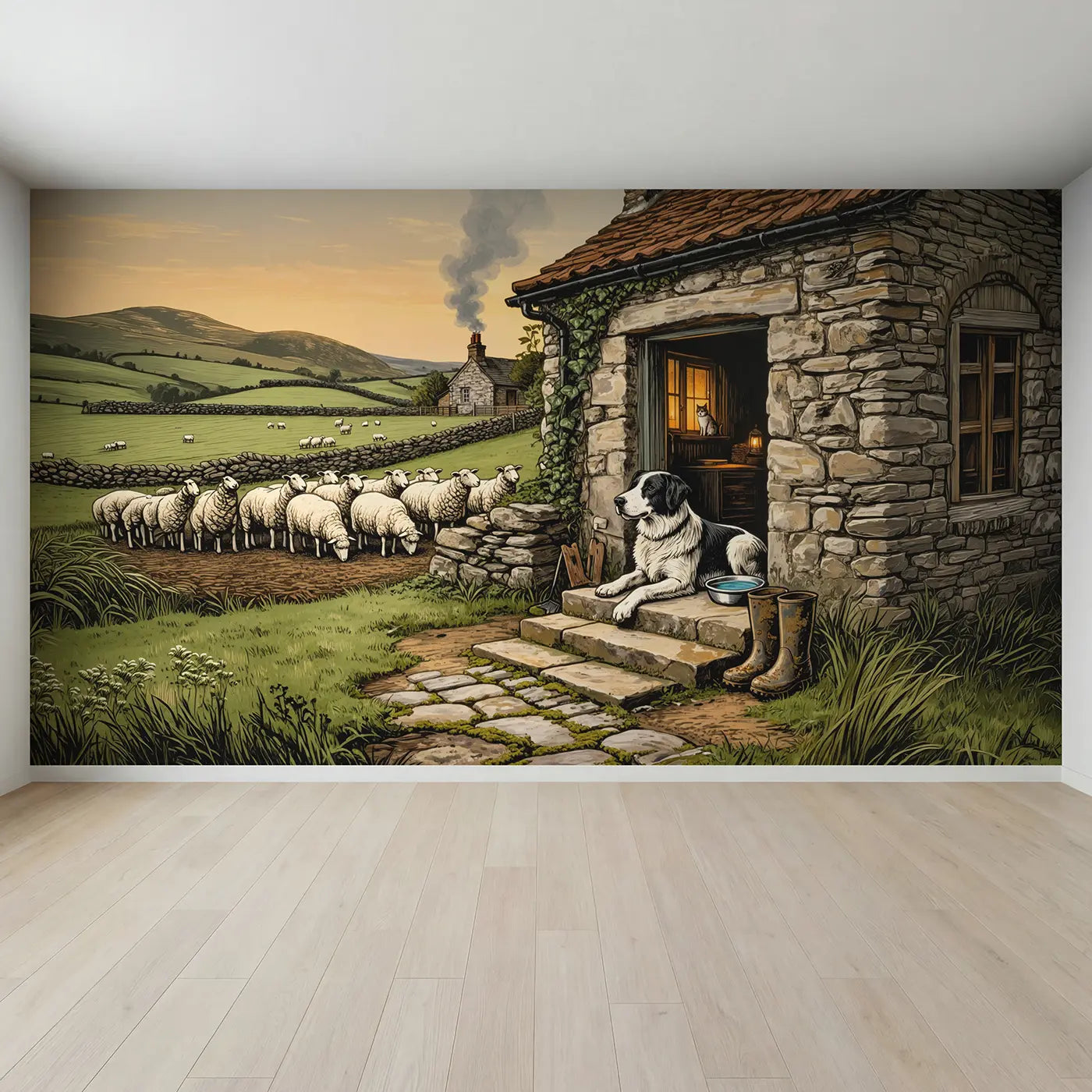 Full view of Faithful Sheepdog Farm Doorway Wallpaper Mural by Whimsy Tots