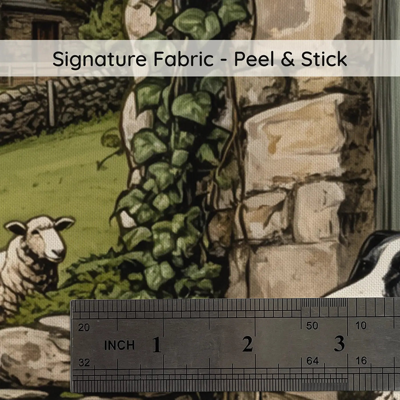 Fabric texture close-up of Faithful Sheepdog Farm Doorway Wallpaper Mural by Whimsy Tots