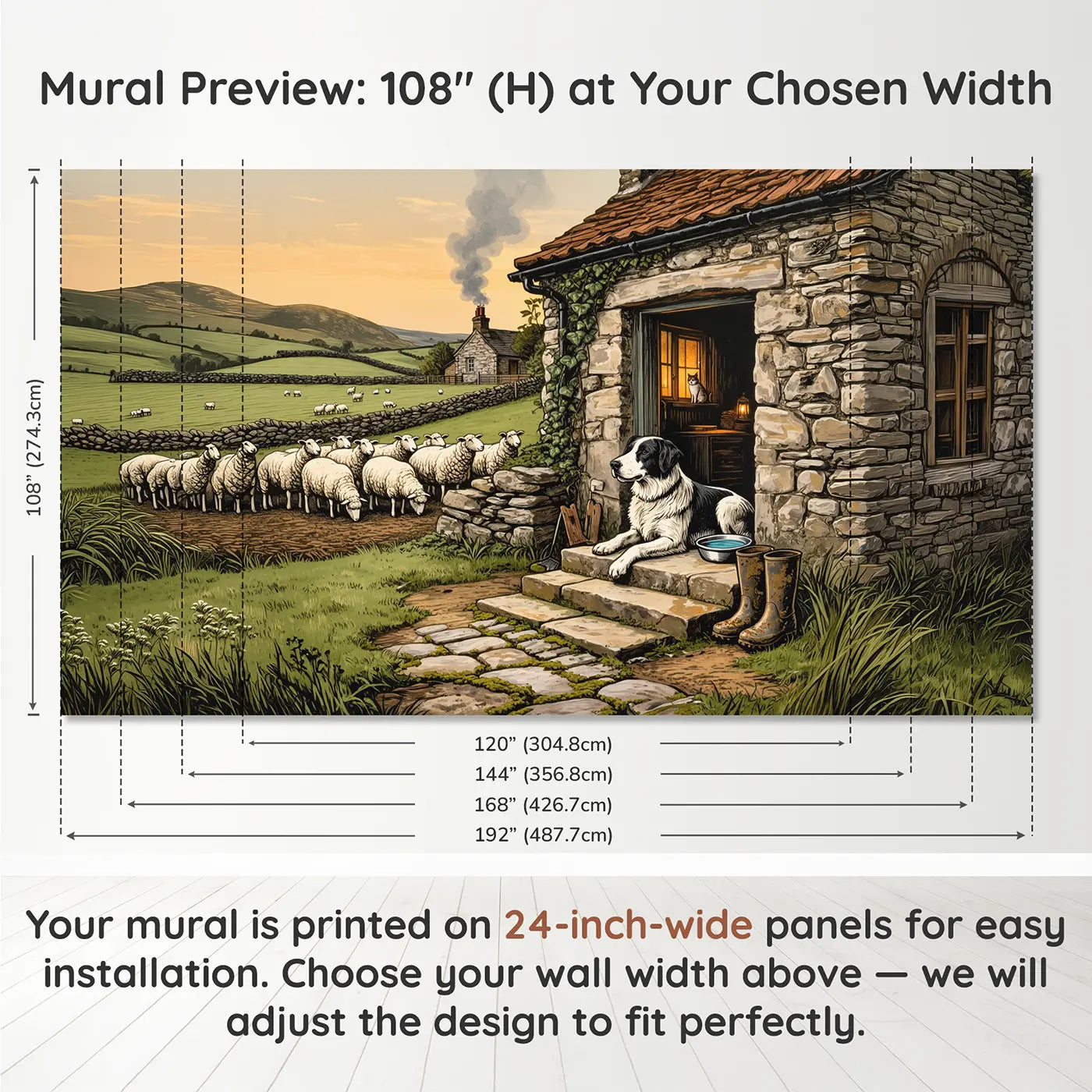 Panel layout and dimensions for Faithful Sheepdog Farm Doorway Wallpaper Mural by Whimsy Tots