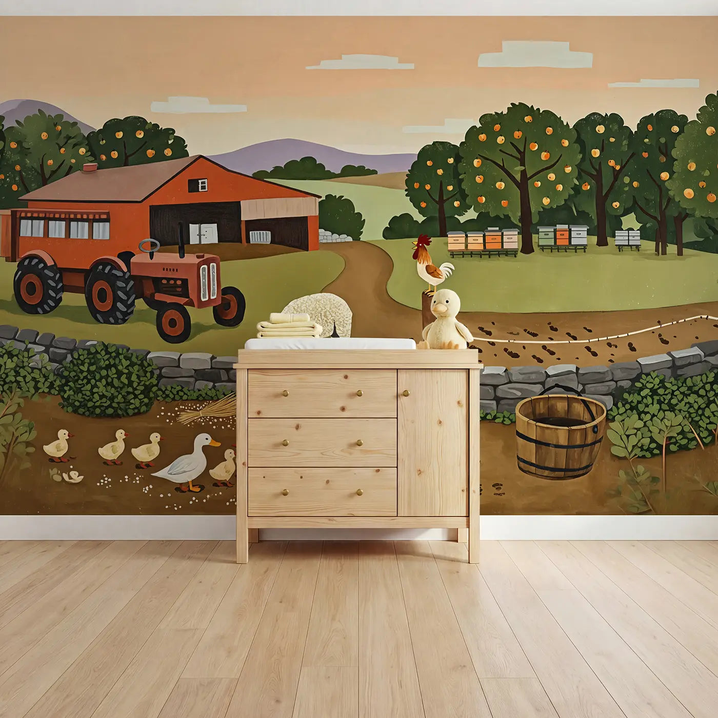 Modern illustration duck and sheep countryside wallpaper mural for nursery by Whimsy Tots