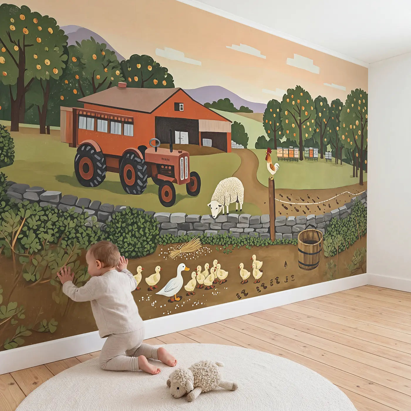 Child in nursery with Morning Barnyard Friends Wallpaper Mural by Whimsy Tots