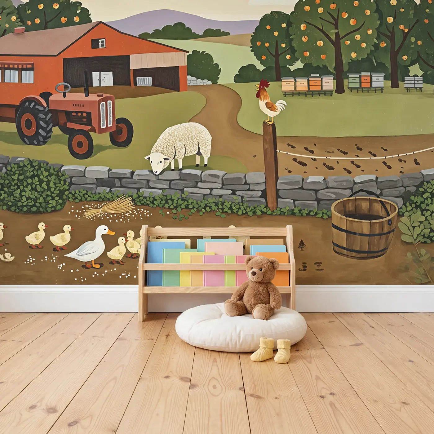 Morning Barnyard Friends Wallpaper Mural in playroom setting by Whimsy Tots