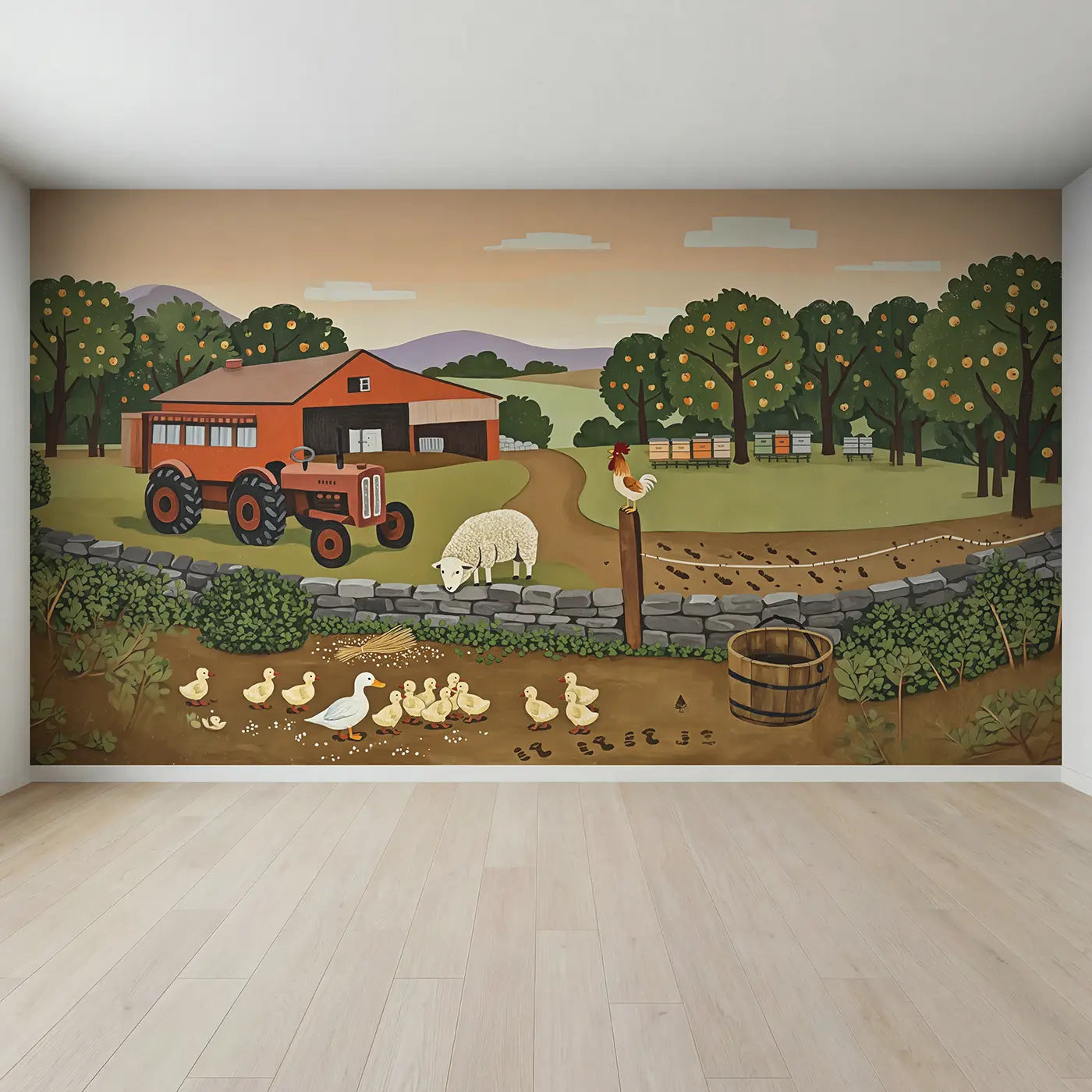 Full view of Morning Barnyard Friends Wallpaper Mural by Whimsy Tots