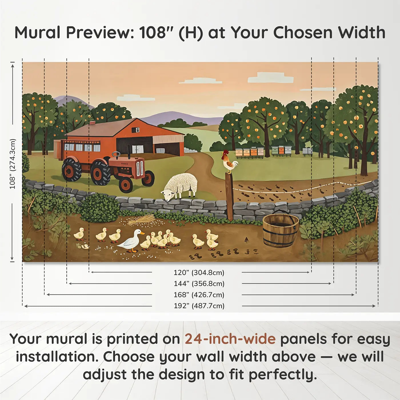 Panel layout and dimensions for Morning Barnyard Friends Wallpaper Mural by Whimsy Tots