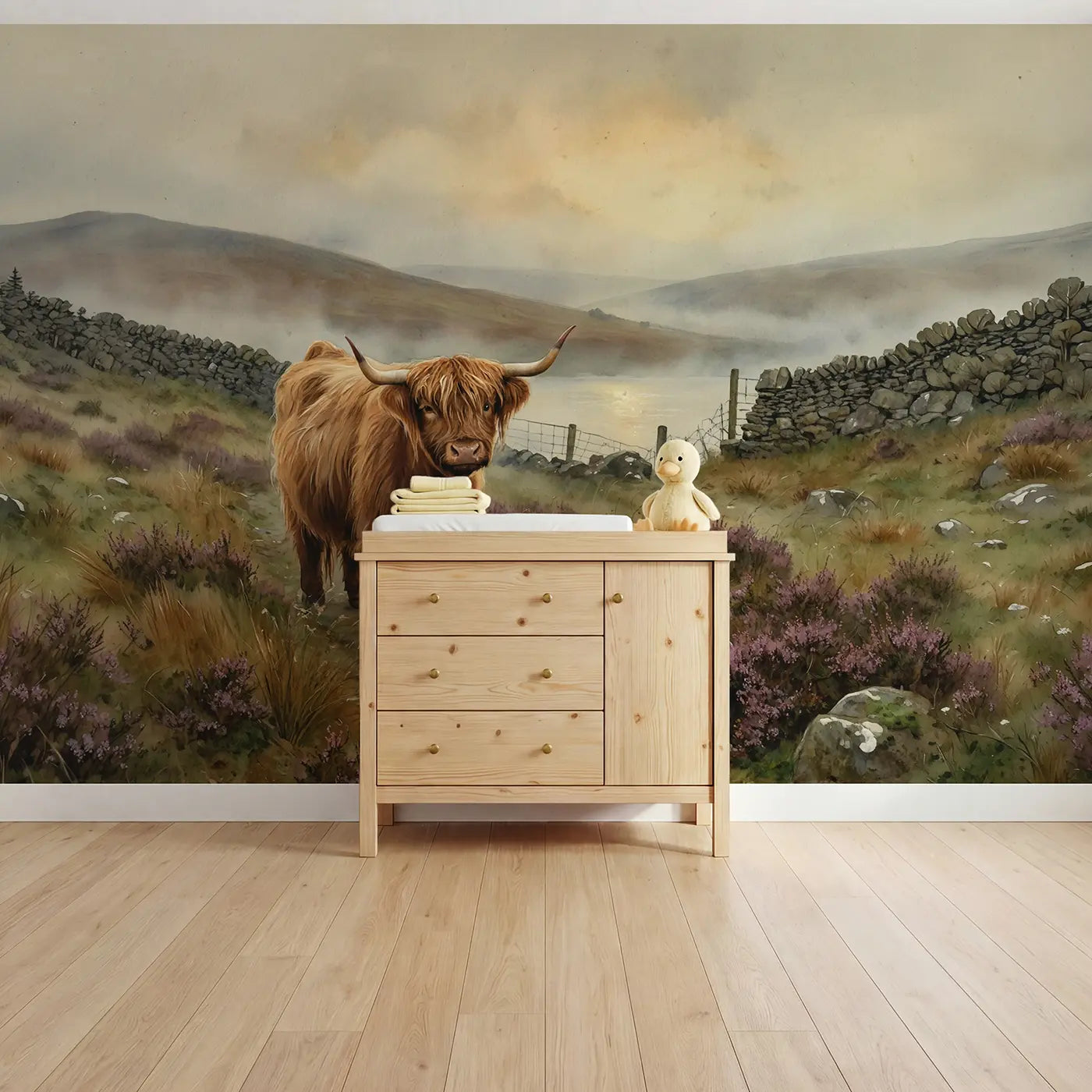 Watercolor highland cow countryside wallpaper mural for nursery by Whimsy Tots