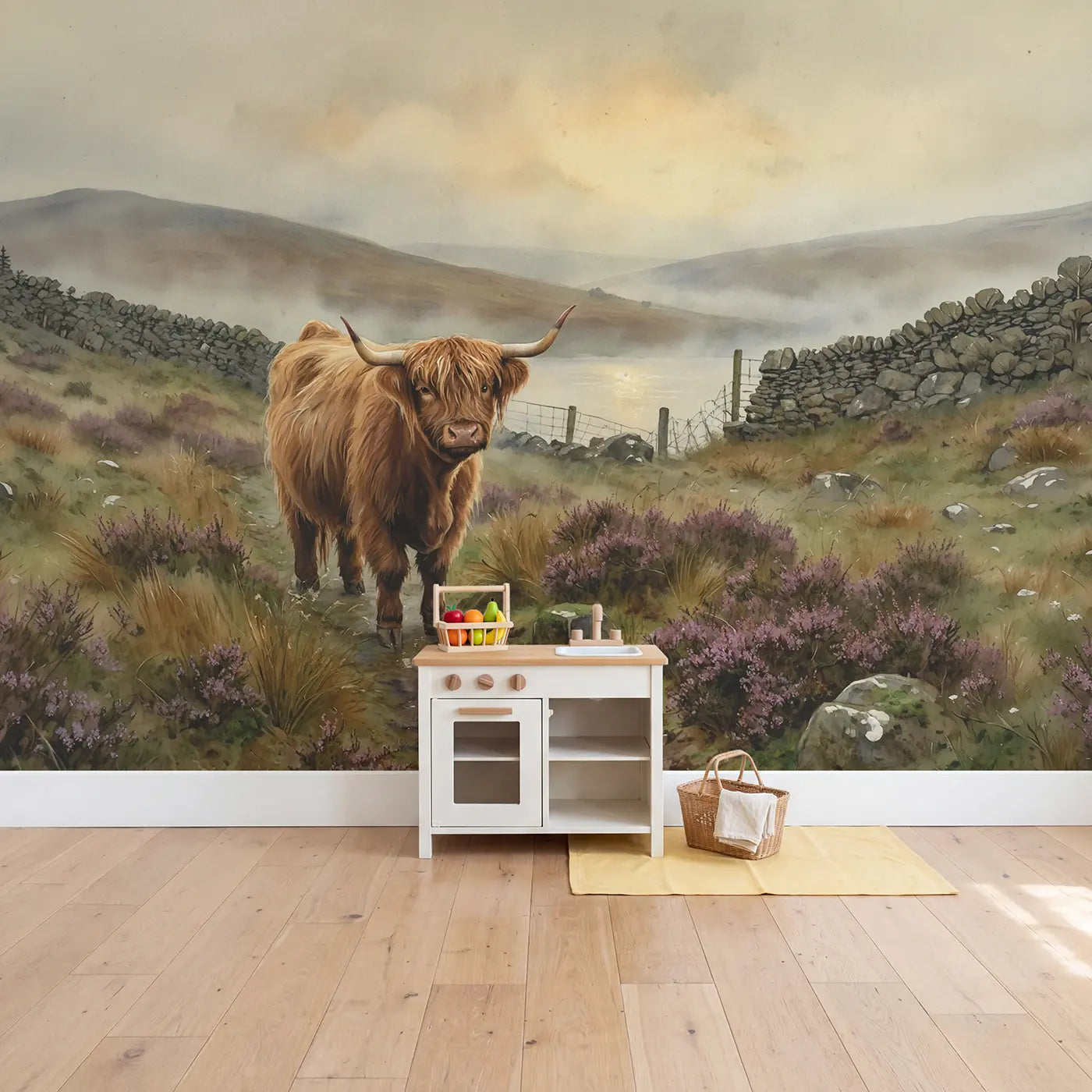 Misty Highland Cow Wallpaper Mural in playroom setting by Whimsy Tots