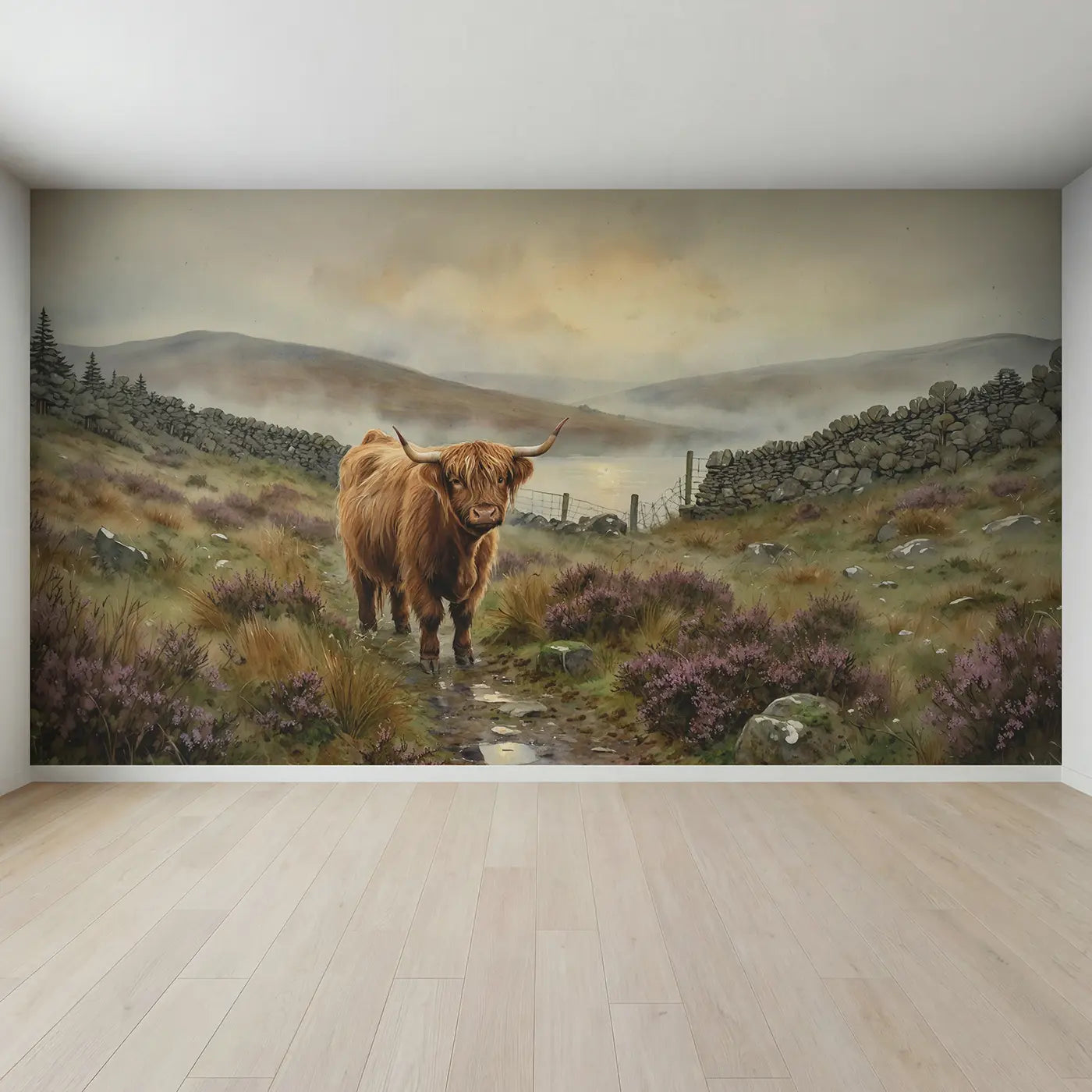 Full view of Misty Highland Cow Wallpaper Mural by Whimsy Tots