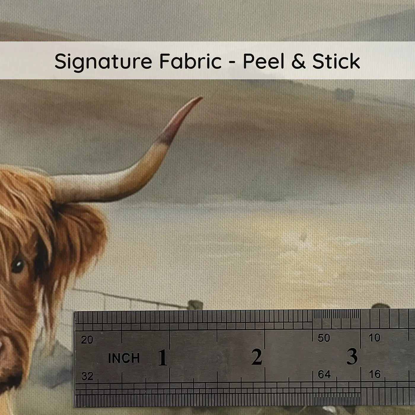 Fabric texture close-up of Misty Highland Cow Wallpaper Mural by Whimsy Tots