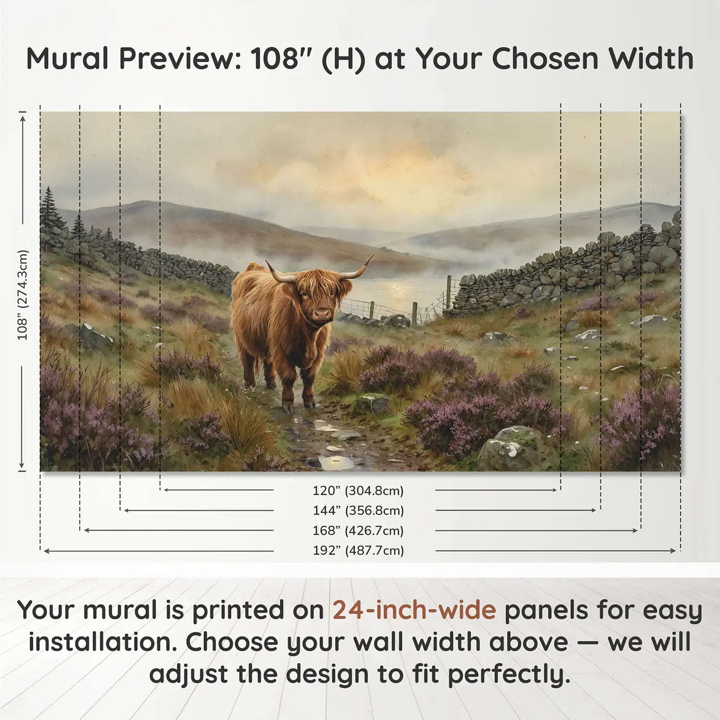 Panel layout and dimensions for Misty Highland Cow Wallpaper Mural by Whimsy Tots