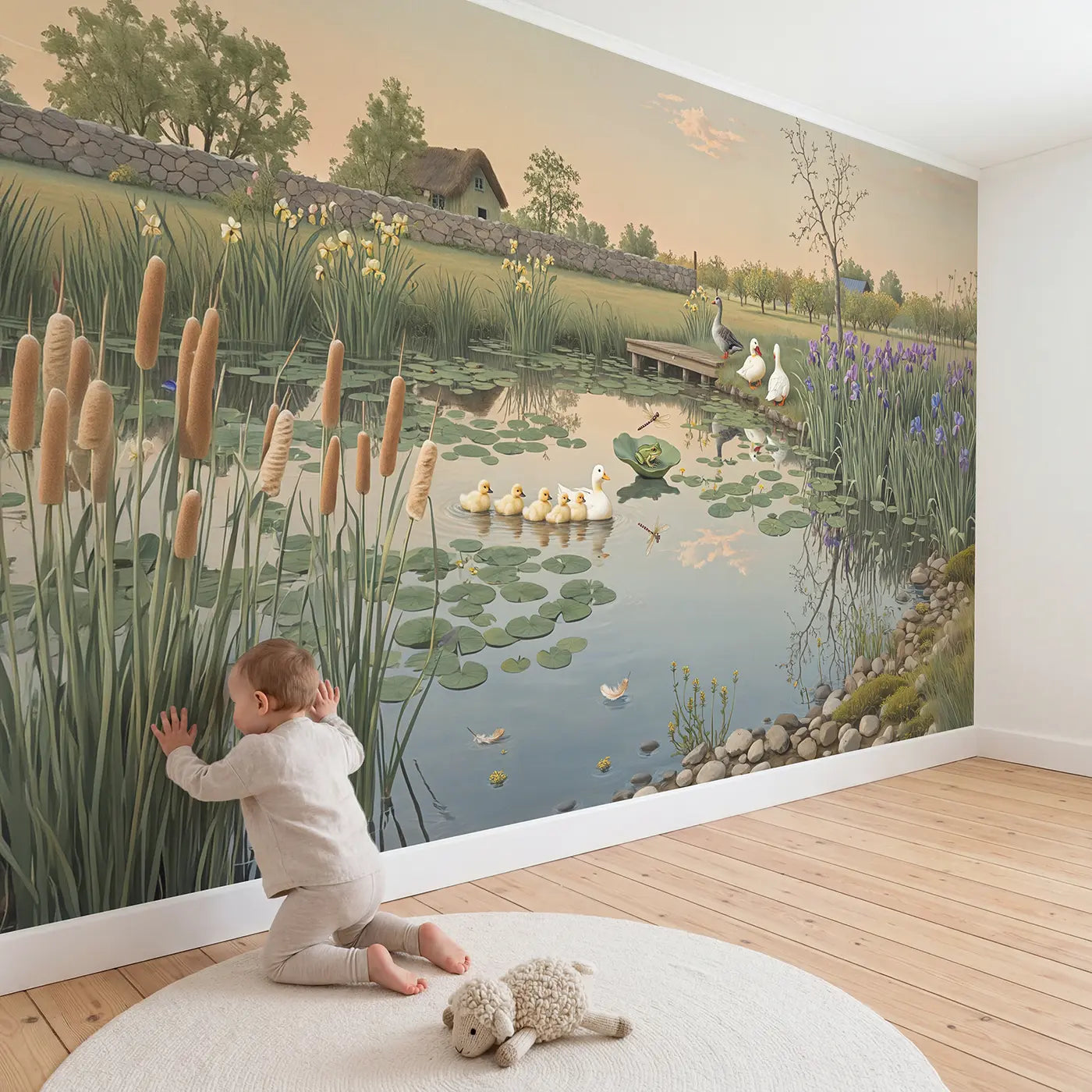 Child in nursery with Farm Pond Duck and Goose Wallpaper Mural by Whimsy Tots