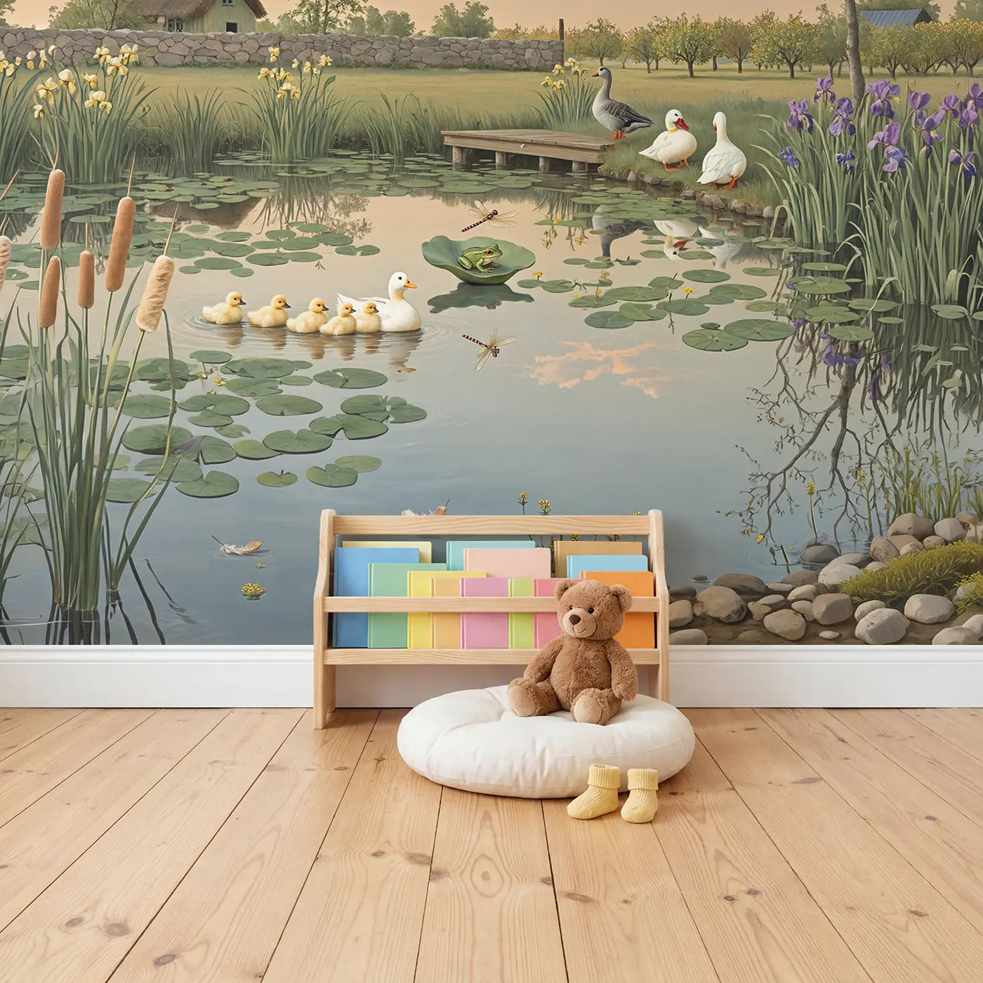 Farm Pond Duck and Goose Wallpaper Mural in playroom setting by Whimsy Tots
