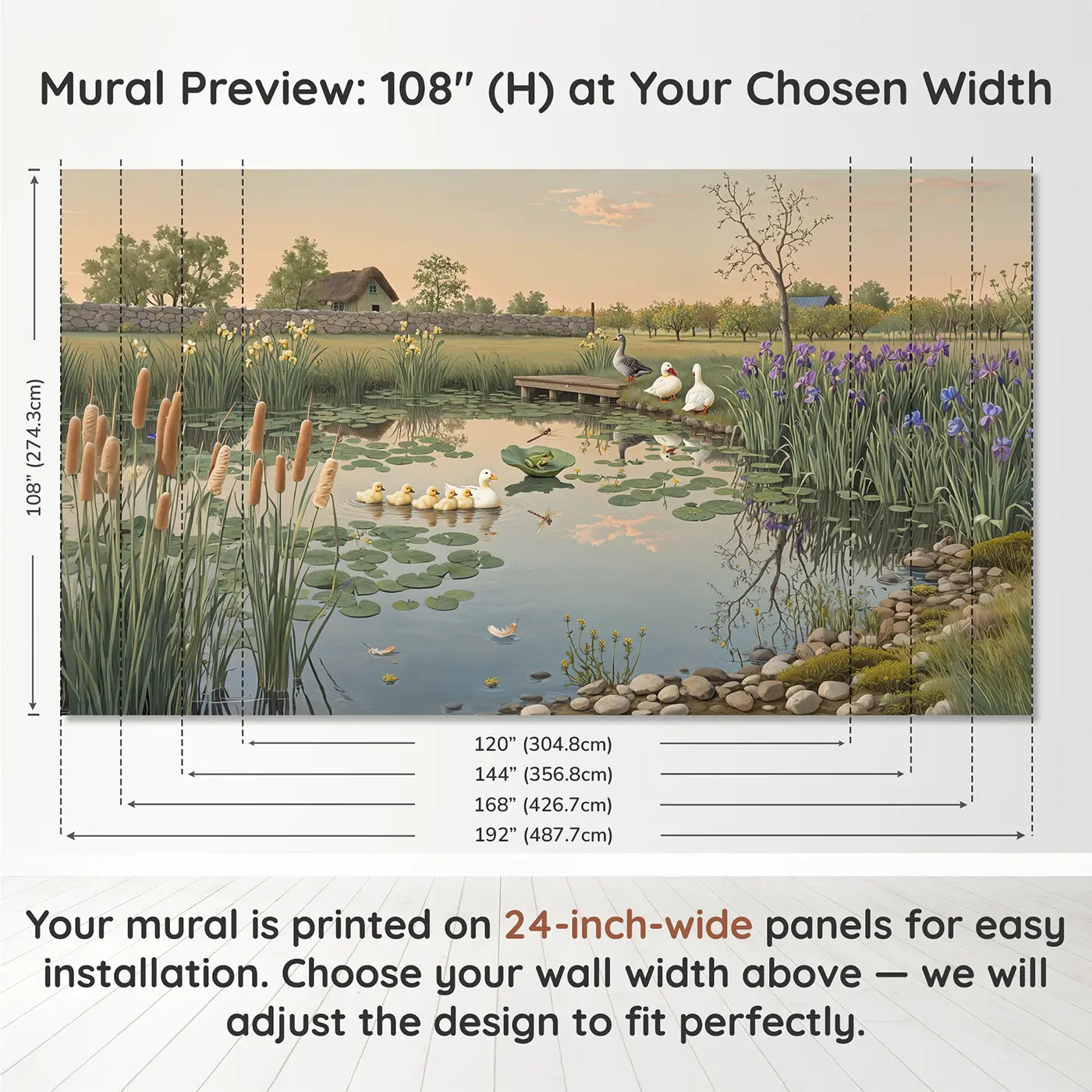 Panel layout and dimensions for Farm Pond Duck and Goose Wallpaper Mural by Whimsy Tots