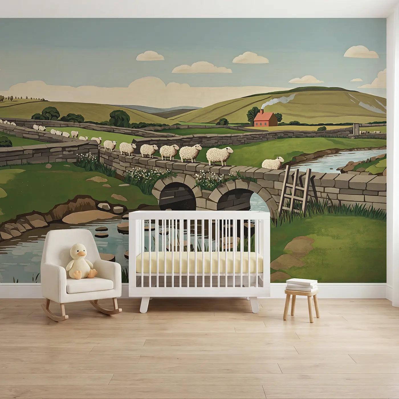 Modern illustration sheep stone bridge stream wallpaper mural for kids room by Whimsy Tots