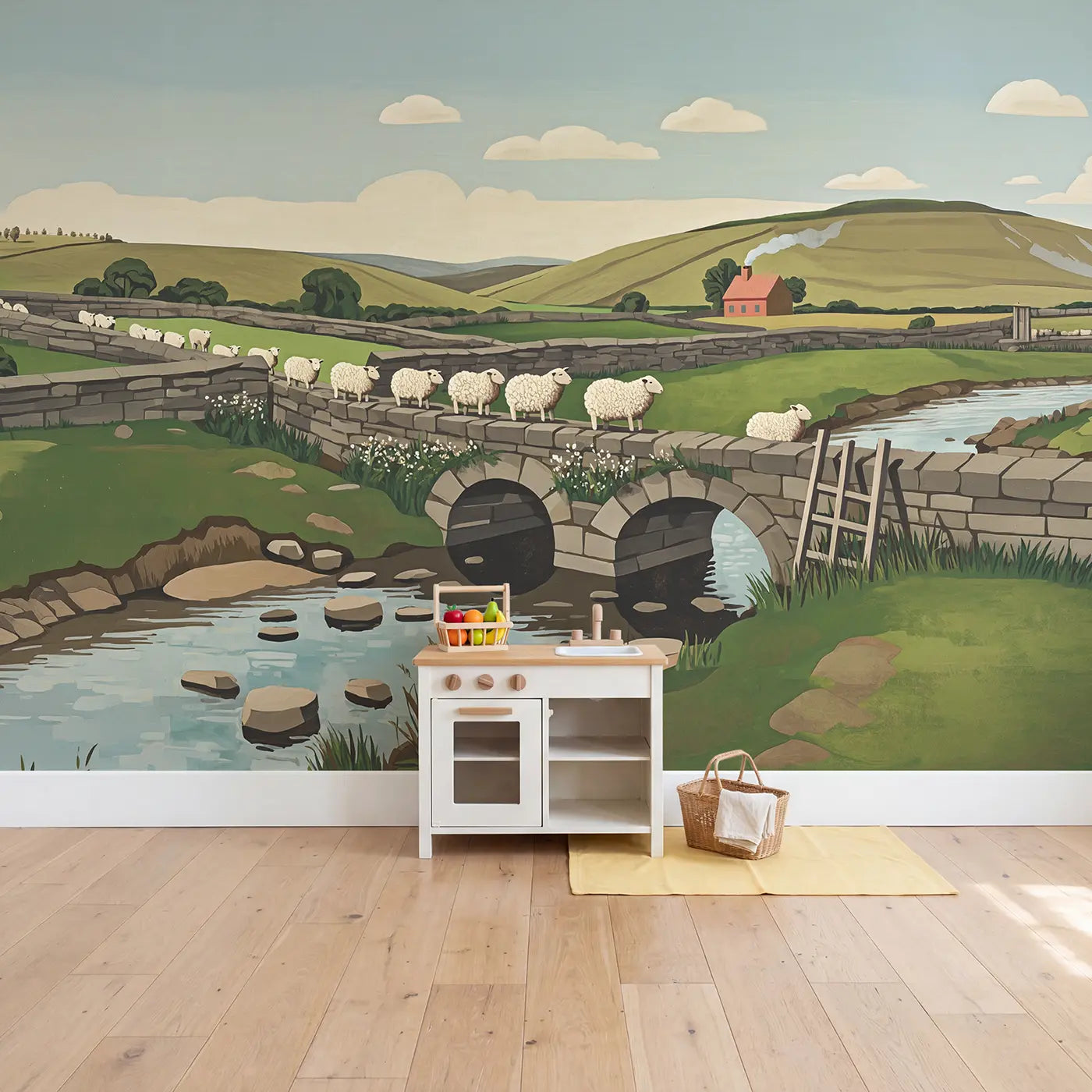 Woolly Sheep Bridge Wallpaper Mural in playroom setting by Whimsy Tots