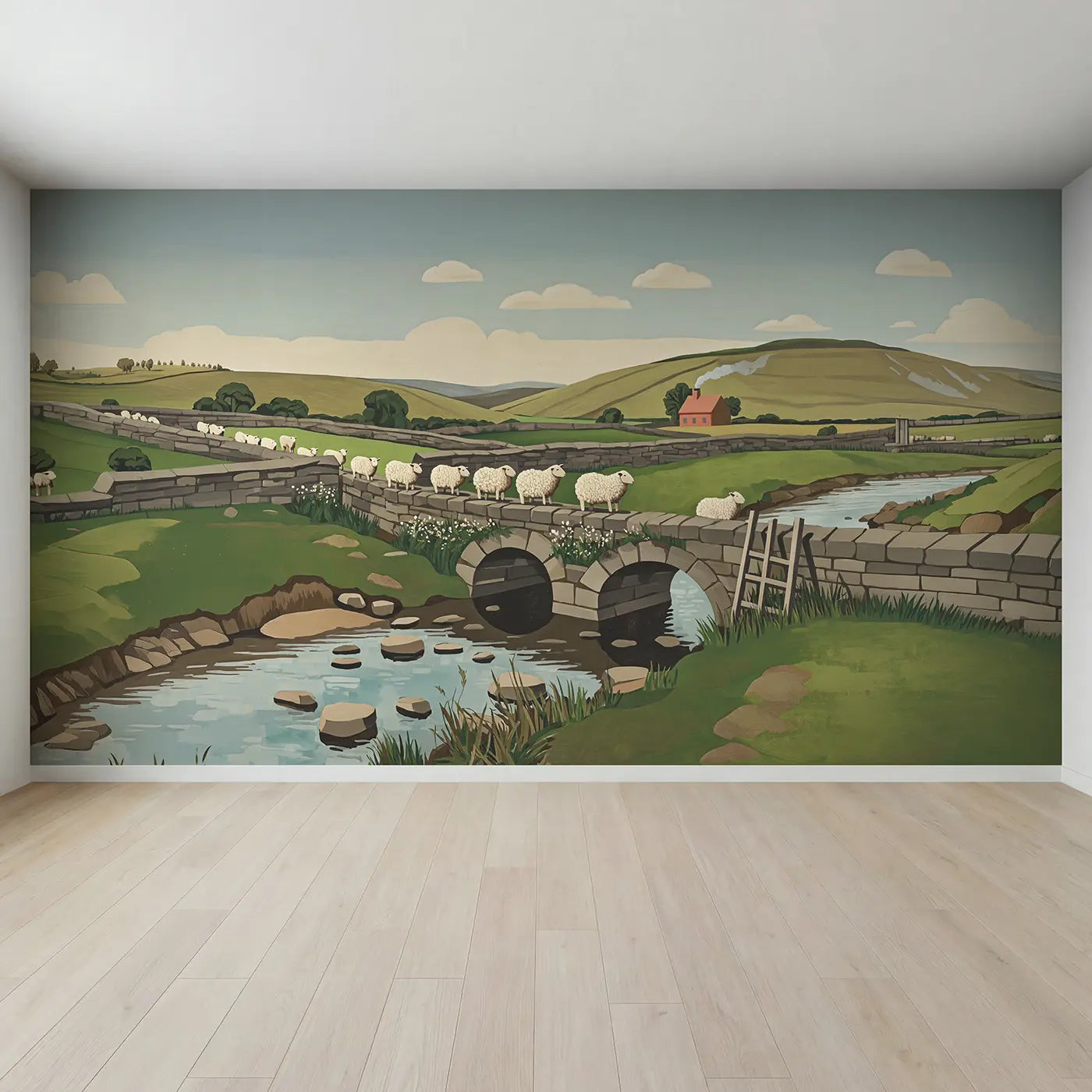 Full view of Woolly Sheep Bridge Wallpaper Mural by Whimsy Tots