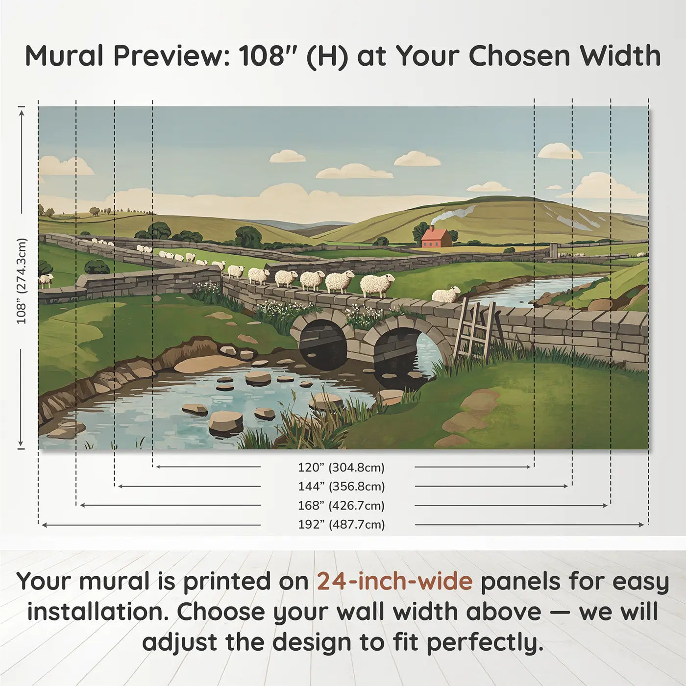 Panel layout and dimensions for Woolly Sheep Bridge Wallpaper Mural by Whimsy Tots