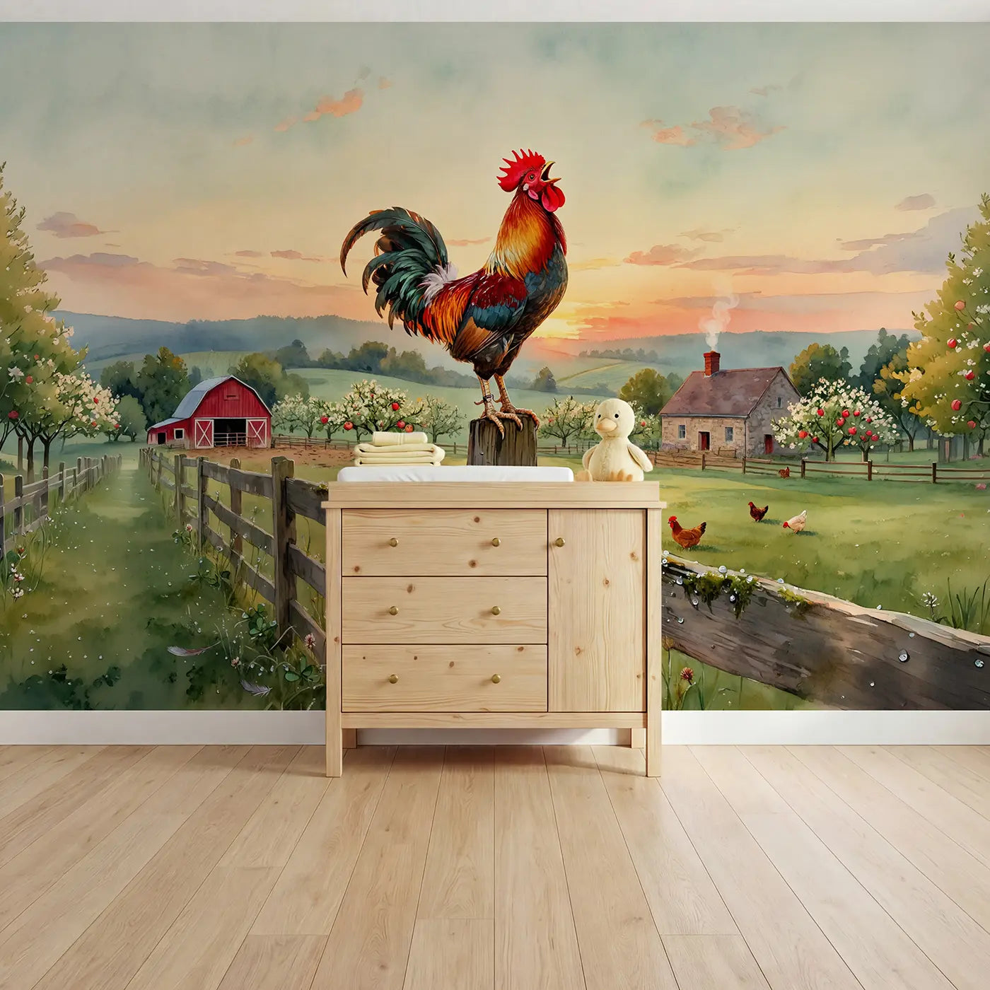 Watercolor crowing rooster farm dawn wallpaper mural for kids room by Whimsy Tots