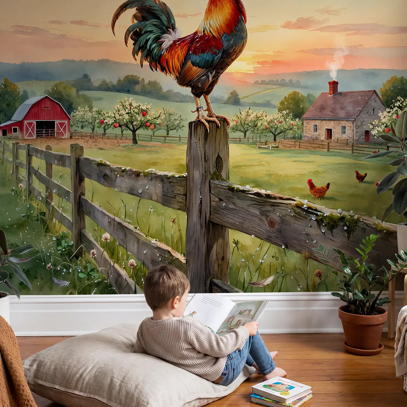 Child in nursery with Crowing Rooster Dawn Wallpaper Mural by Whimsy Tots