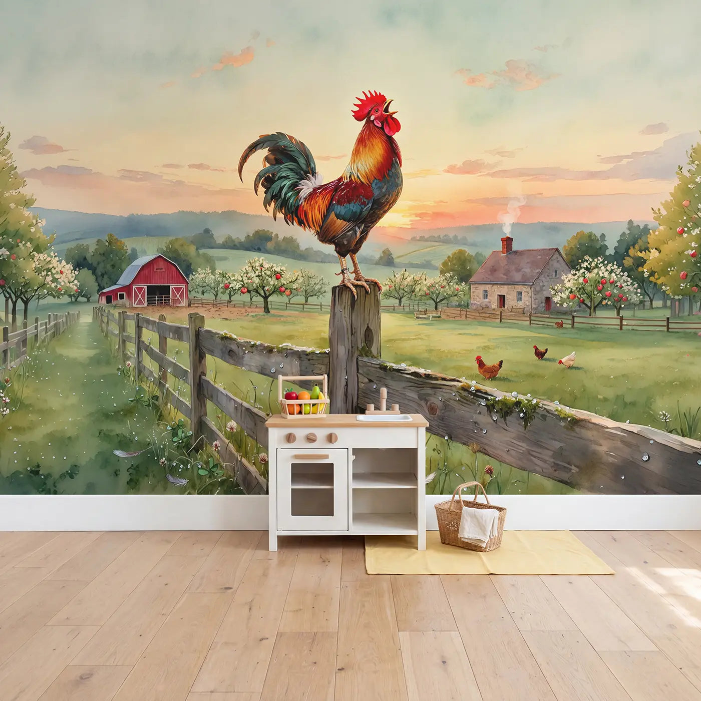 Crowing Rooster Dawn Wallpaper Mural in playroom setting by Whimsy Tots