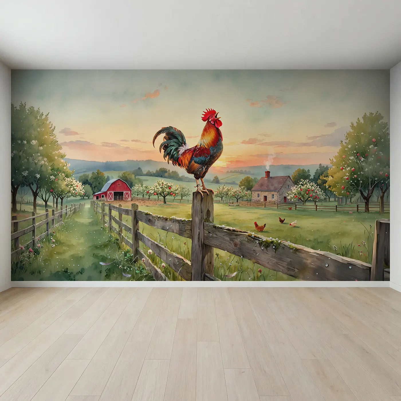 Full view of Crowing Rooster Dawn Wallpaper Mural by Whimsy Tots