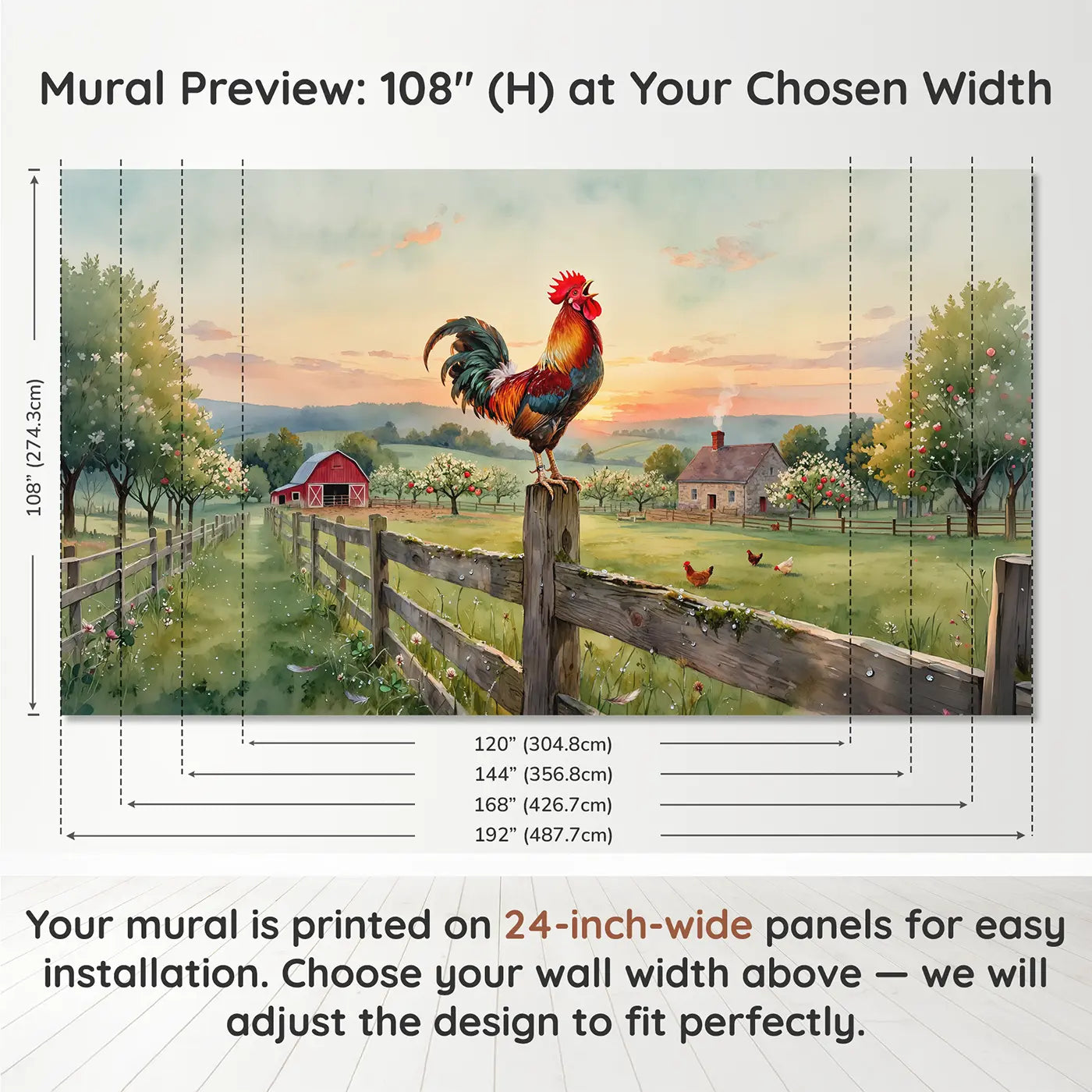 Panel layout and dimensions for Crowing Rooster Dawn Wallpaper Mural by Whimsy Tots