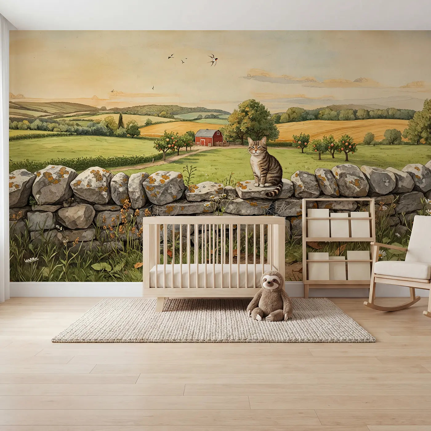 Storybook farm cat stone wall barn wallpaper mural for nursery by Whimsy Tots