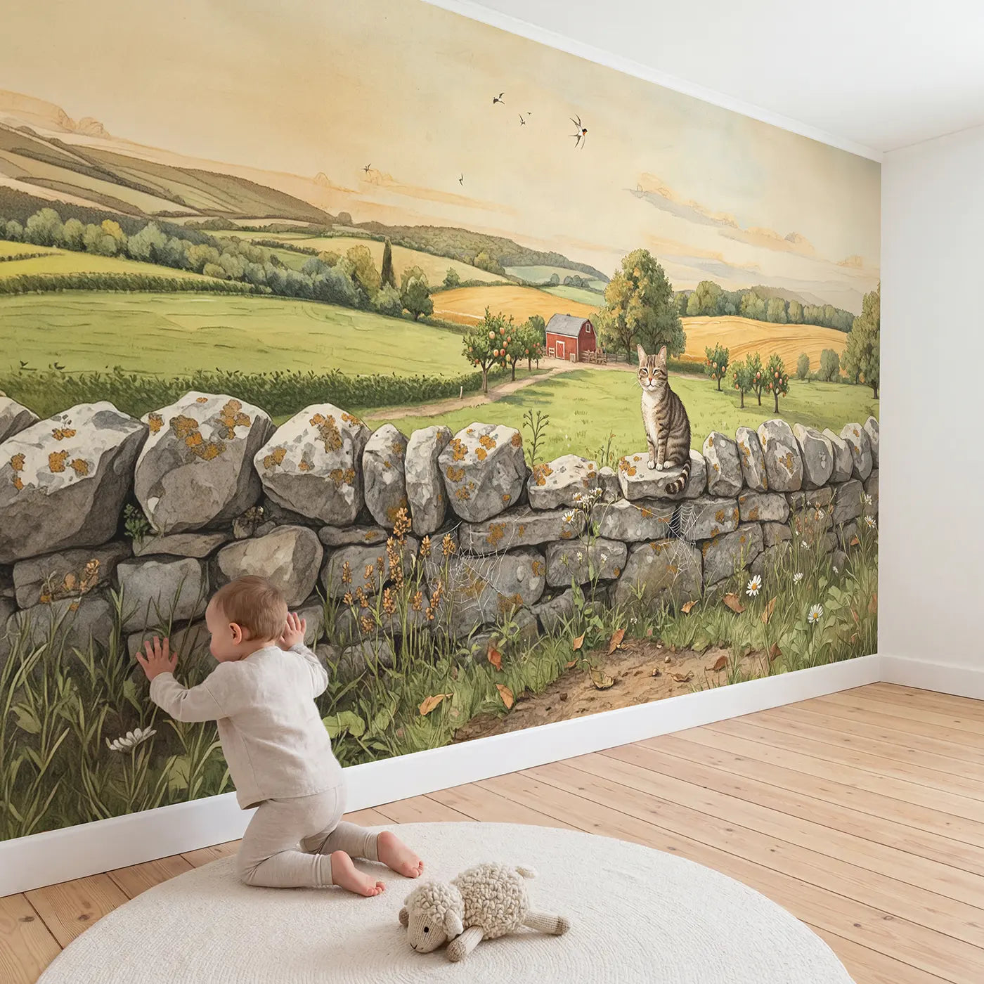 Child in nursery with Farm Cat Stone Wall Wallpaper Mural by Whimsy Tots