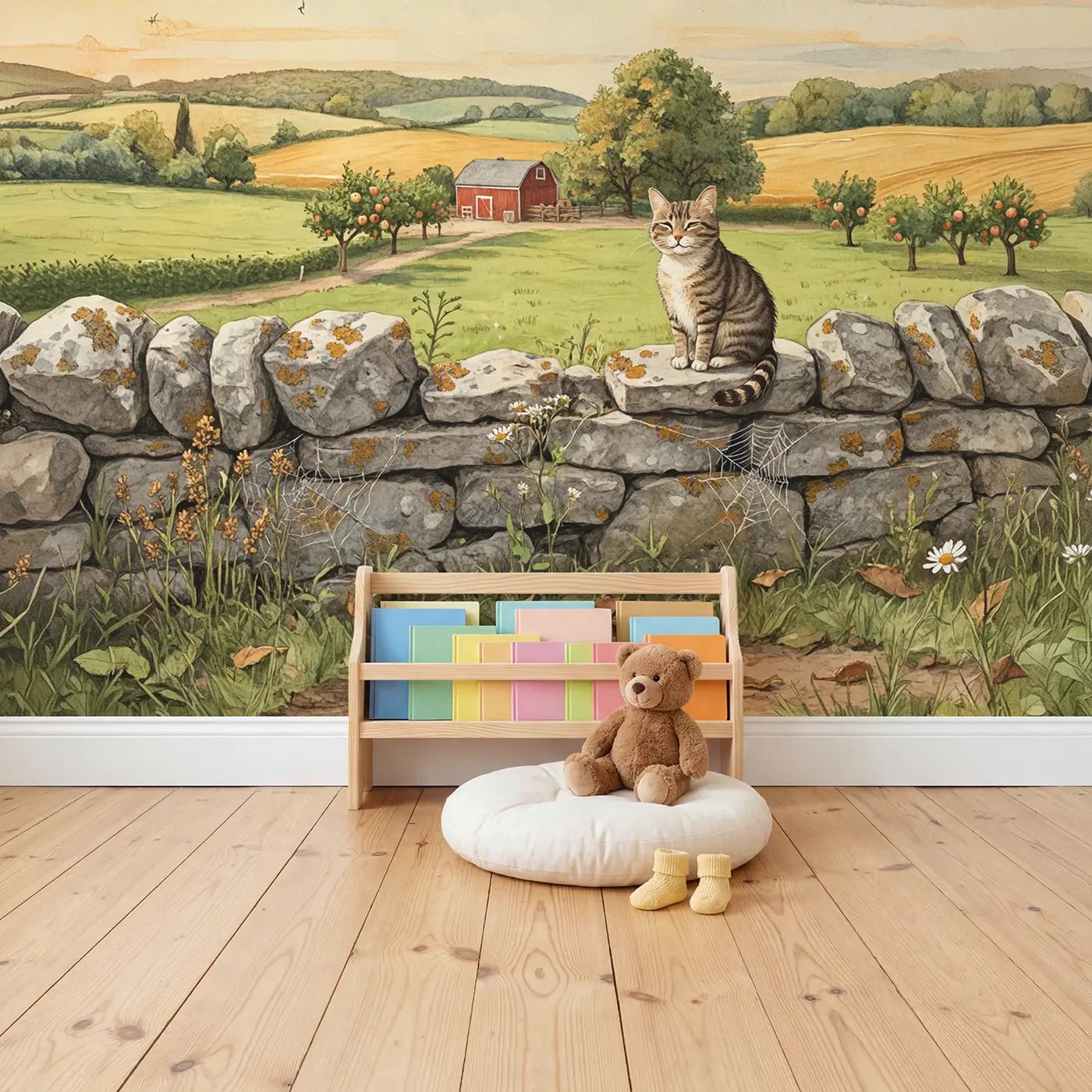 Farm Cat Stone Wall Wallpaper Mural in playroom setting by Whimsy Tots