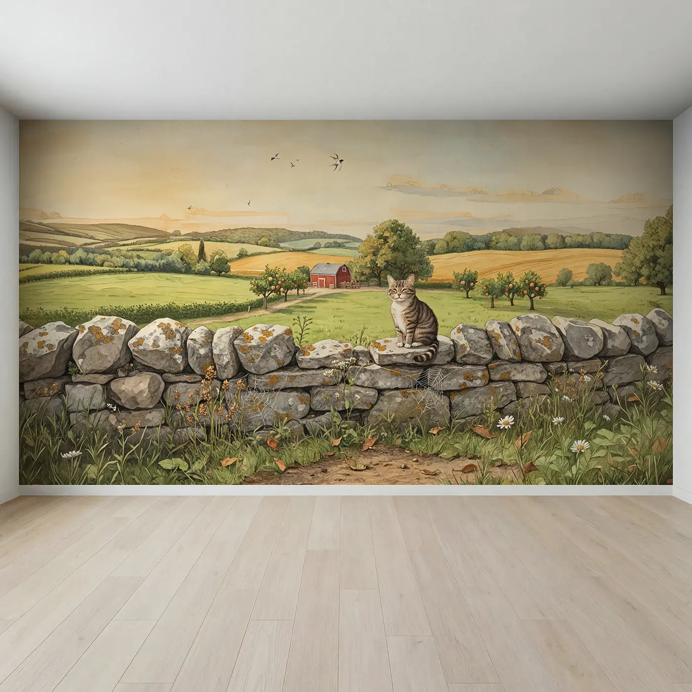 Full view of Farm Cat Stone Wall Wallpaper Mural by Whimsy Tots